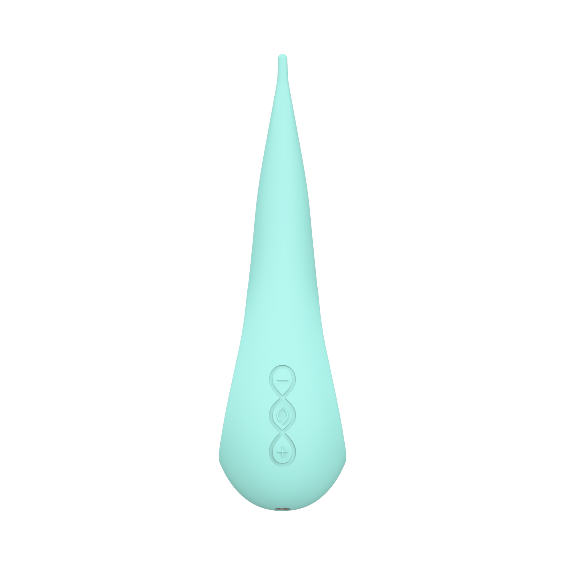 Aqua silicone elliptical clitoral stimulator with control buttons.