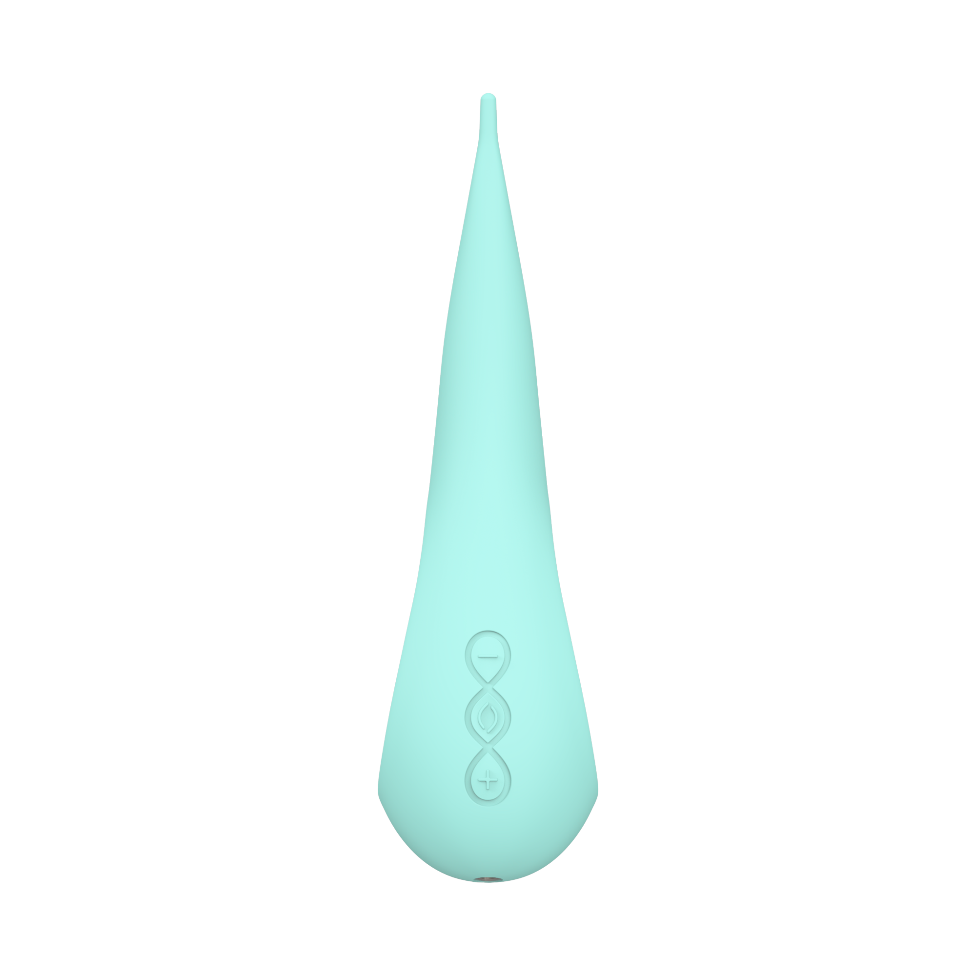 Aqua silicone elliptical clitoral stimulator with control buttons.