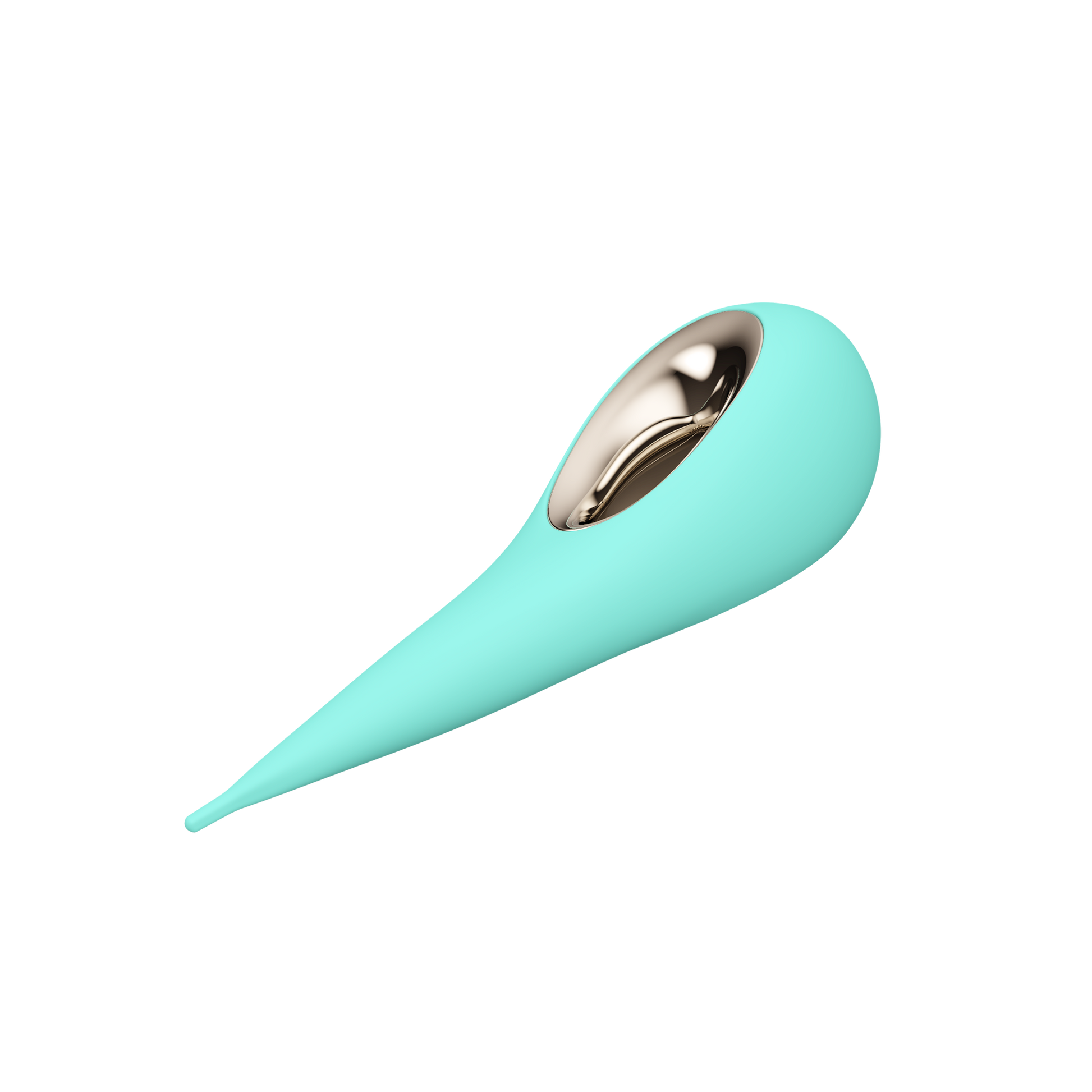 Aqua silicone elliptical clitoral stimulator with a gold interior.