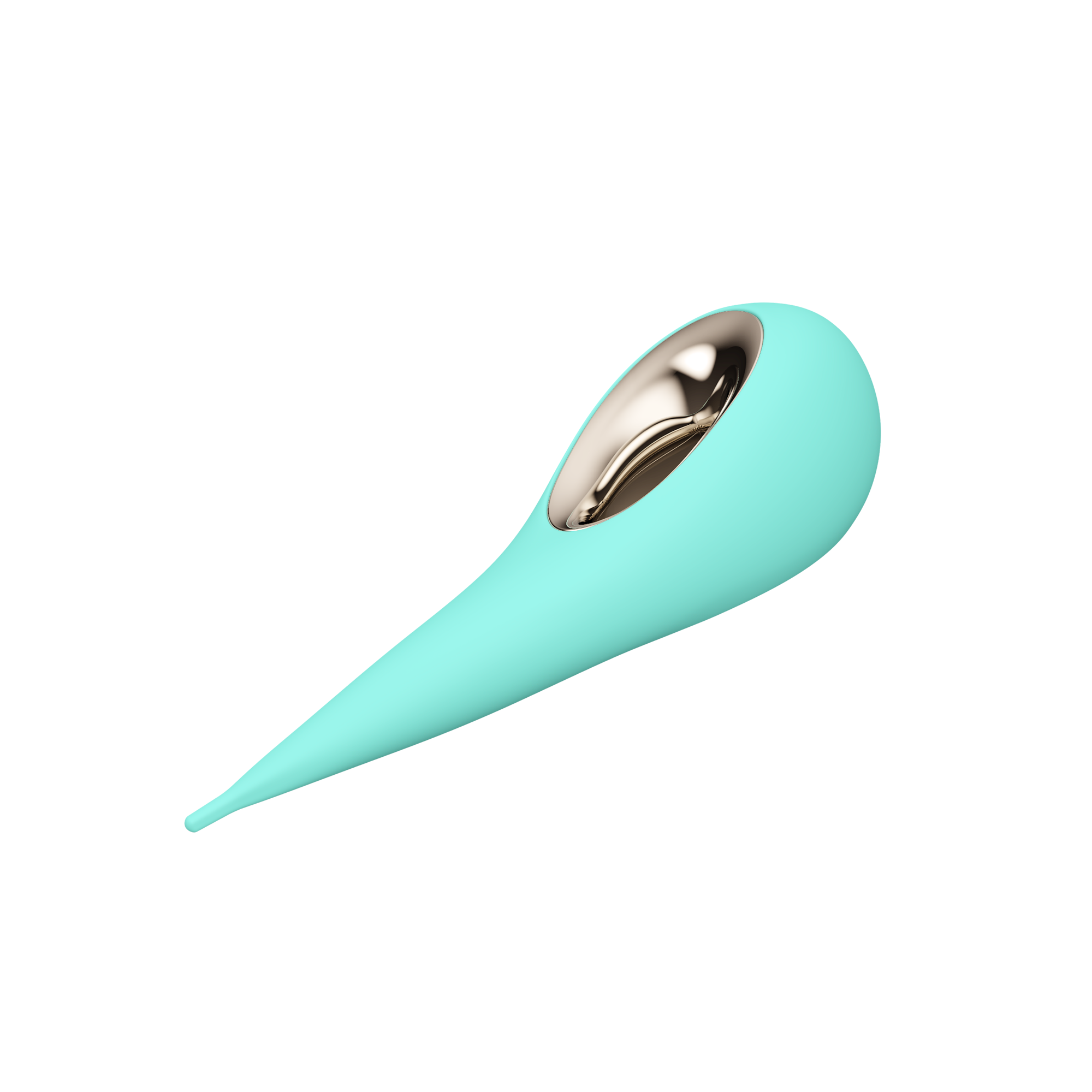 Aqua silicone elliptical clitoral stimulator with a gold interior.