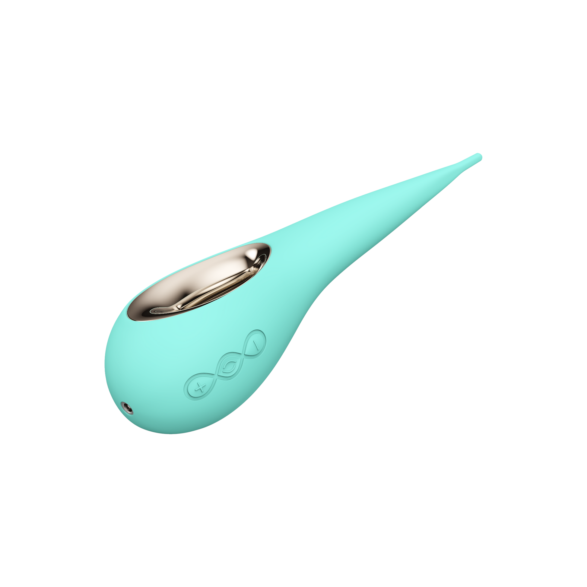 Aqua silicone elliptical clitoral stimulator with gold accents and buttons.