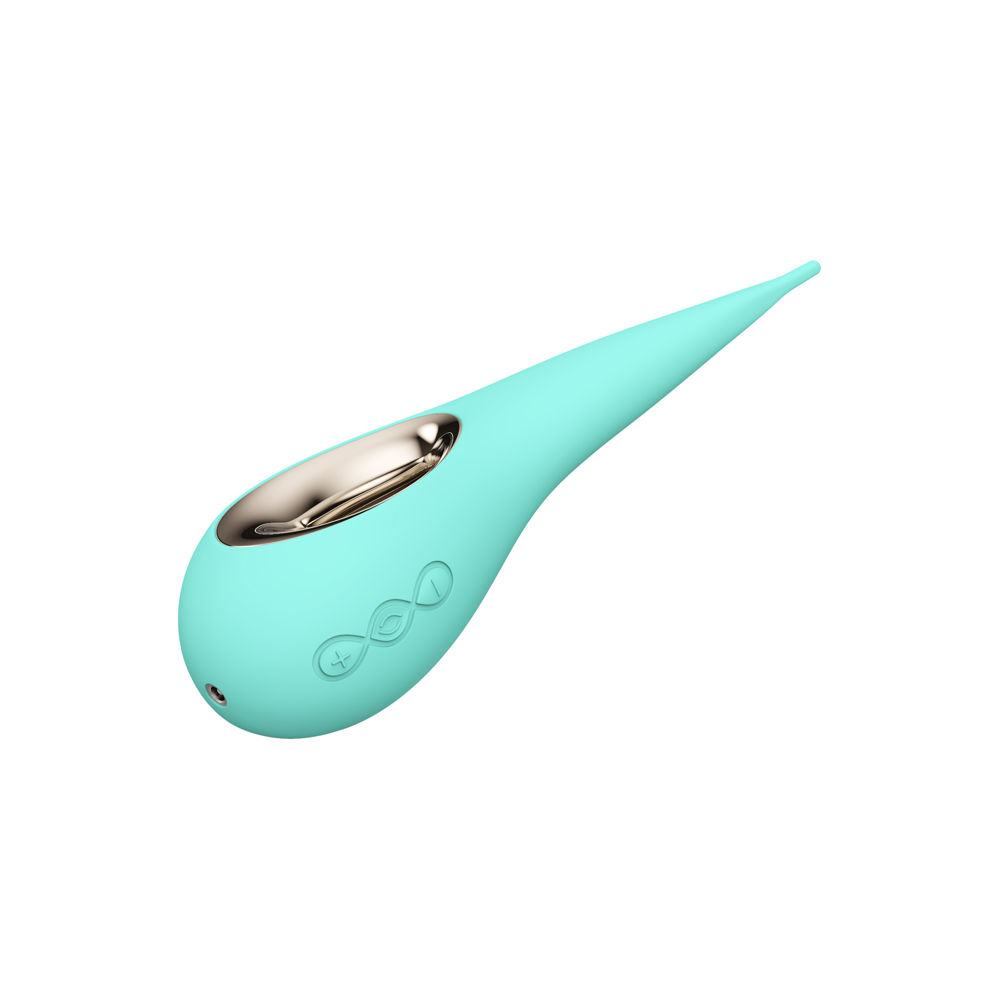 Aqua silicone elliptical clitoral stimulator with gold accents and buttons.