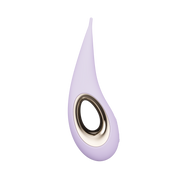 Lilac elliptical clitoral stimulator with a gold rimmed opening.