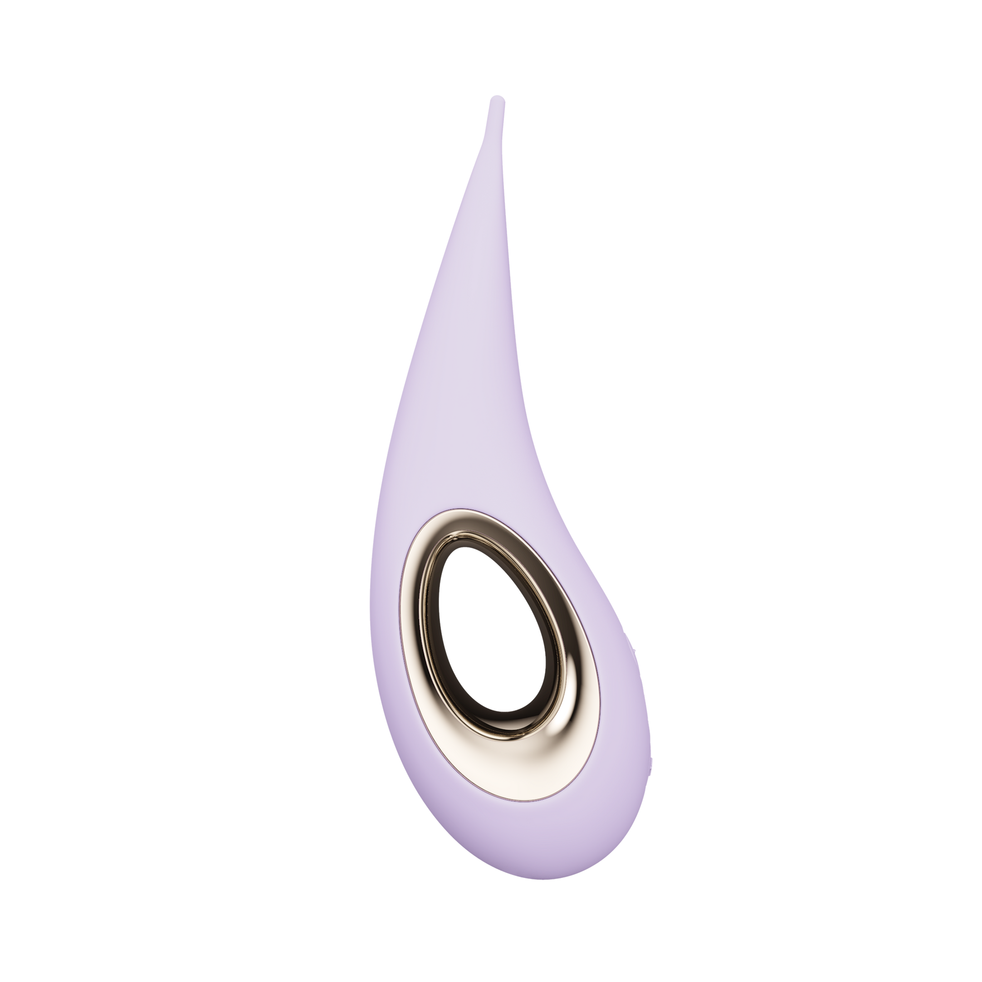 Lilac elliptical clitoral stimulator with a gold rimmed opening.
