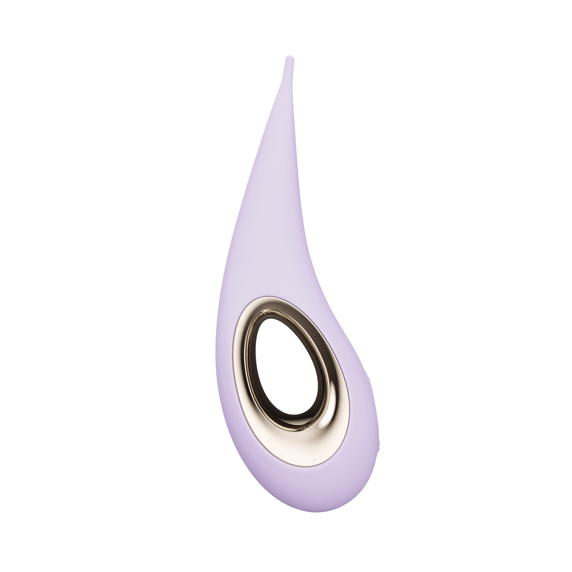 Lilac elliptical clitoral stimulator with a gold rimmed opening.