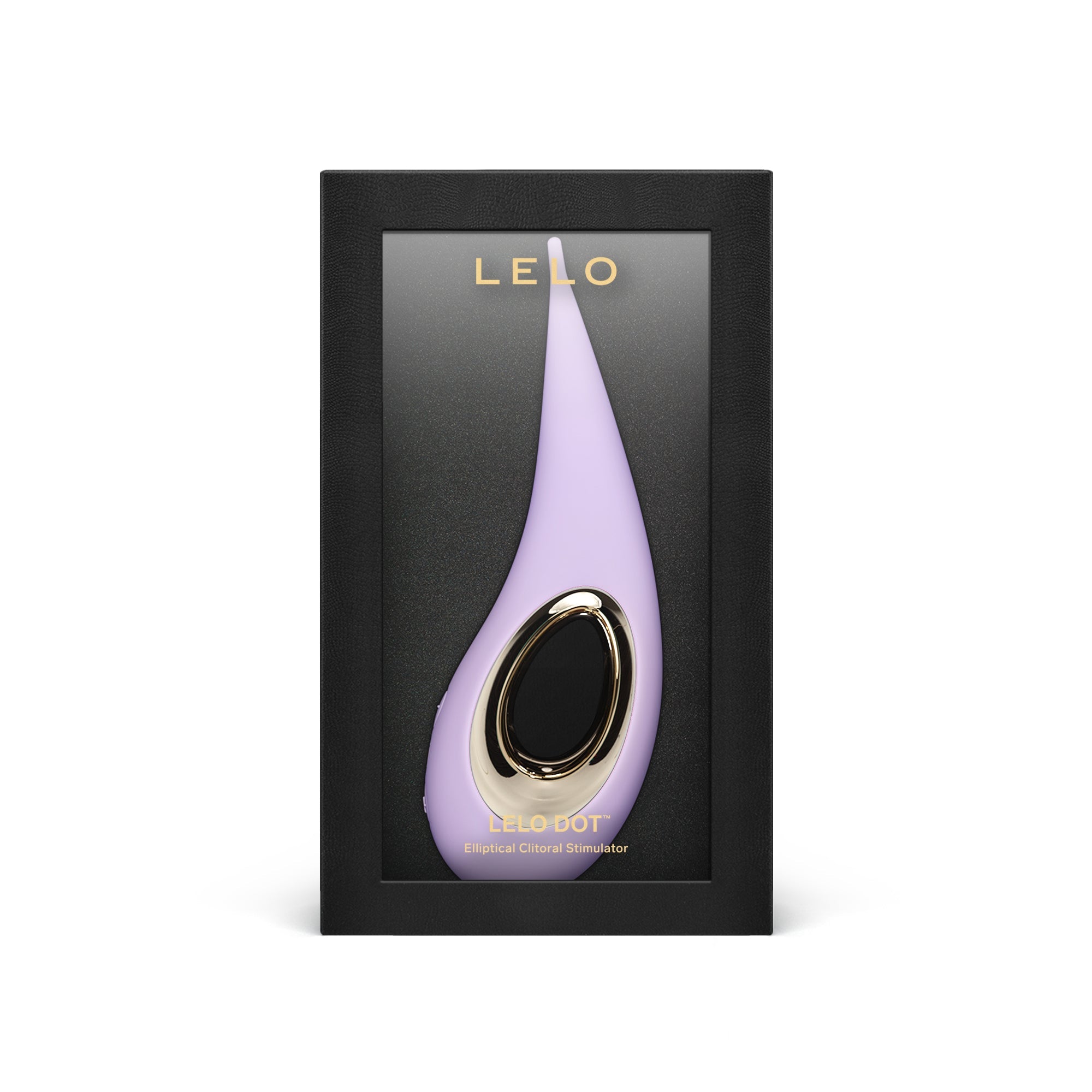 A lilac elliptical clitoral stimulator with a gold-trimmed opening, presented in a black box.
