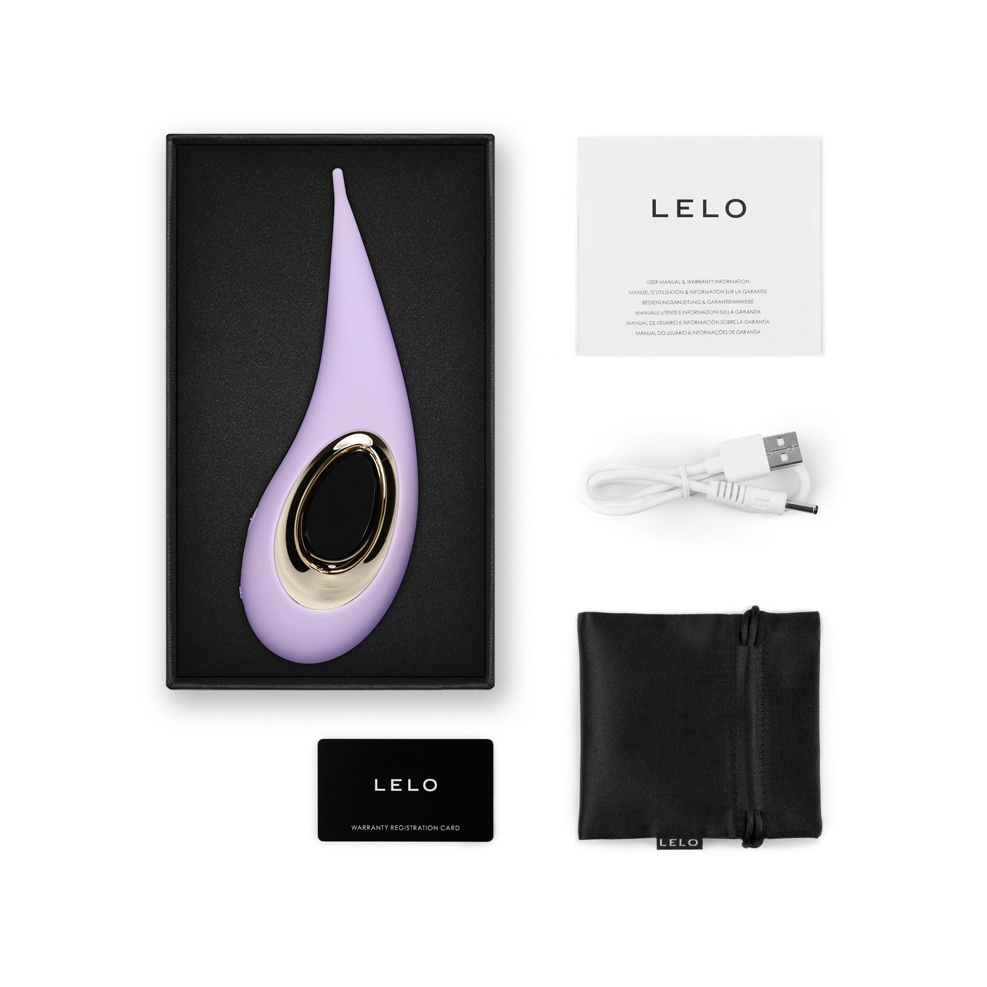 Lilac elliptical clitoral stimulator with silicone tip, Lelo manual, USB cable, and storage pouch.