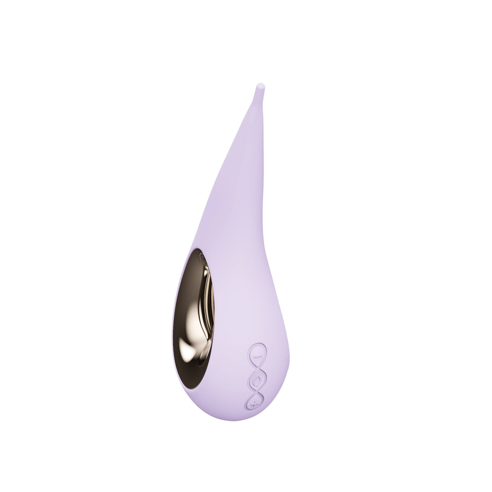 Lilac elliptical clitoral stimulator with a gold interior and control buttons.