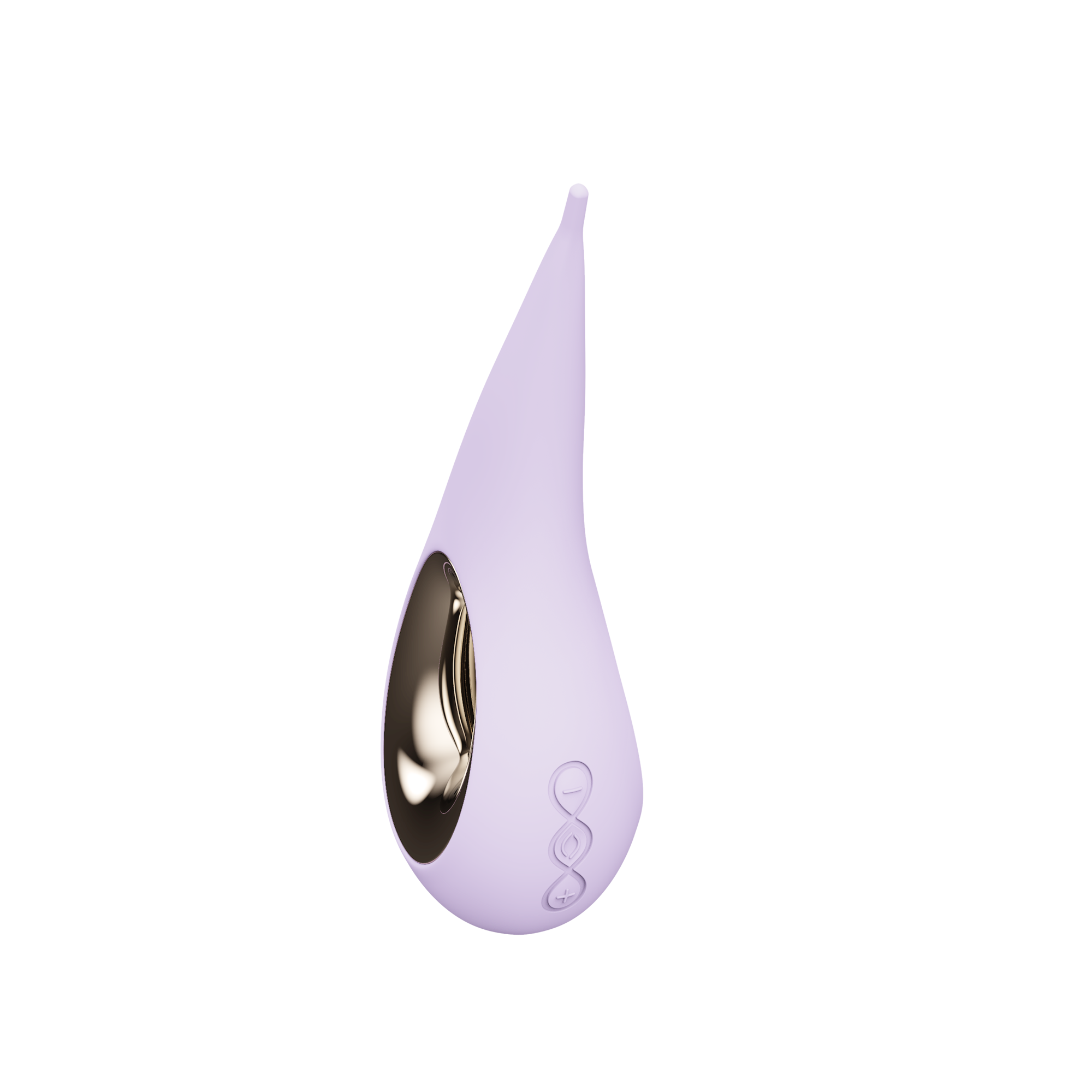 Lilac elliptical clitoral stimulator with a gold interior and control buttons.