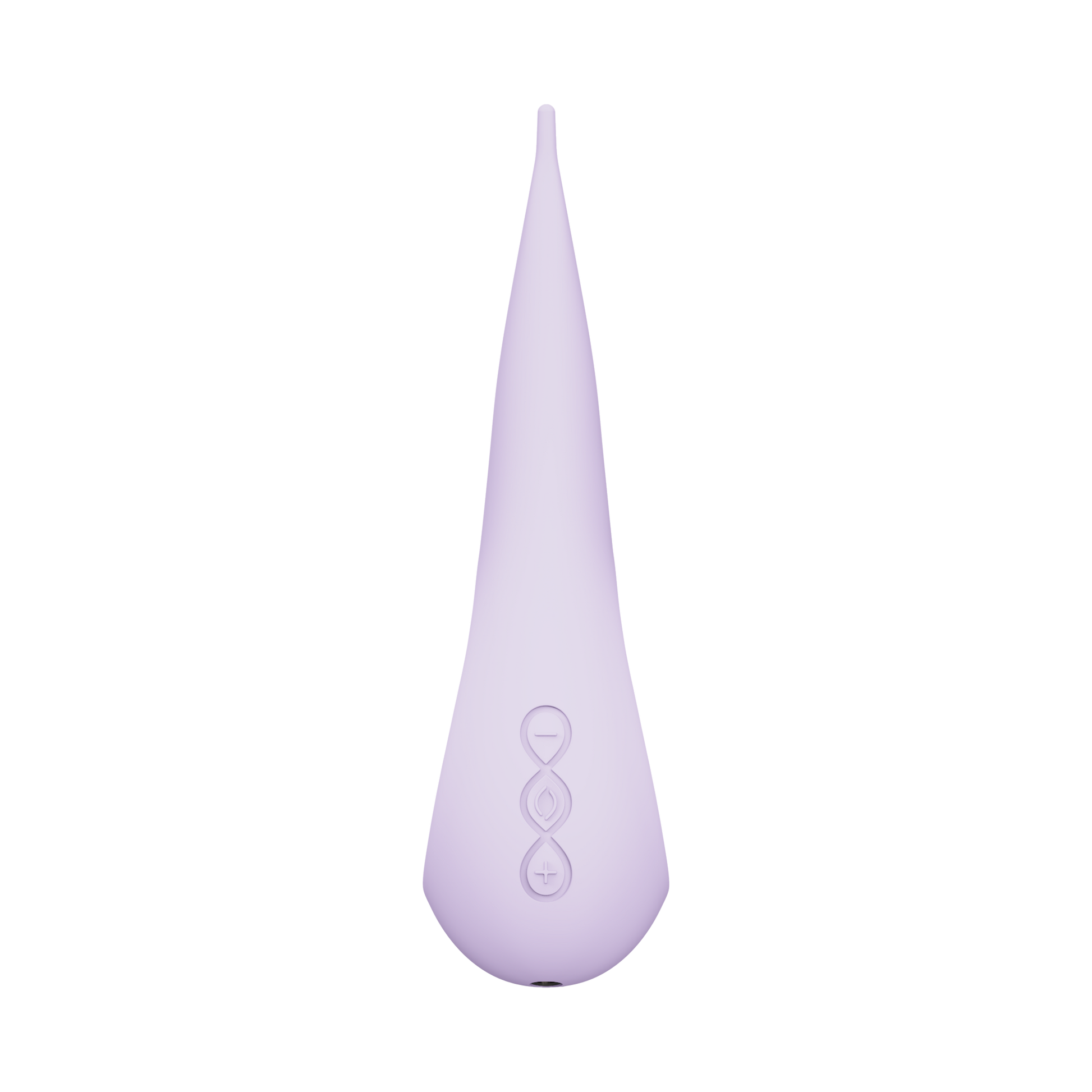 Lilac elliptical clitoral stimulator with silicone tip and control buttons.