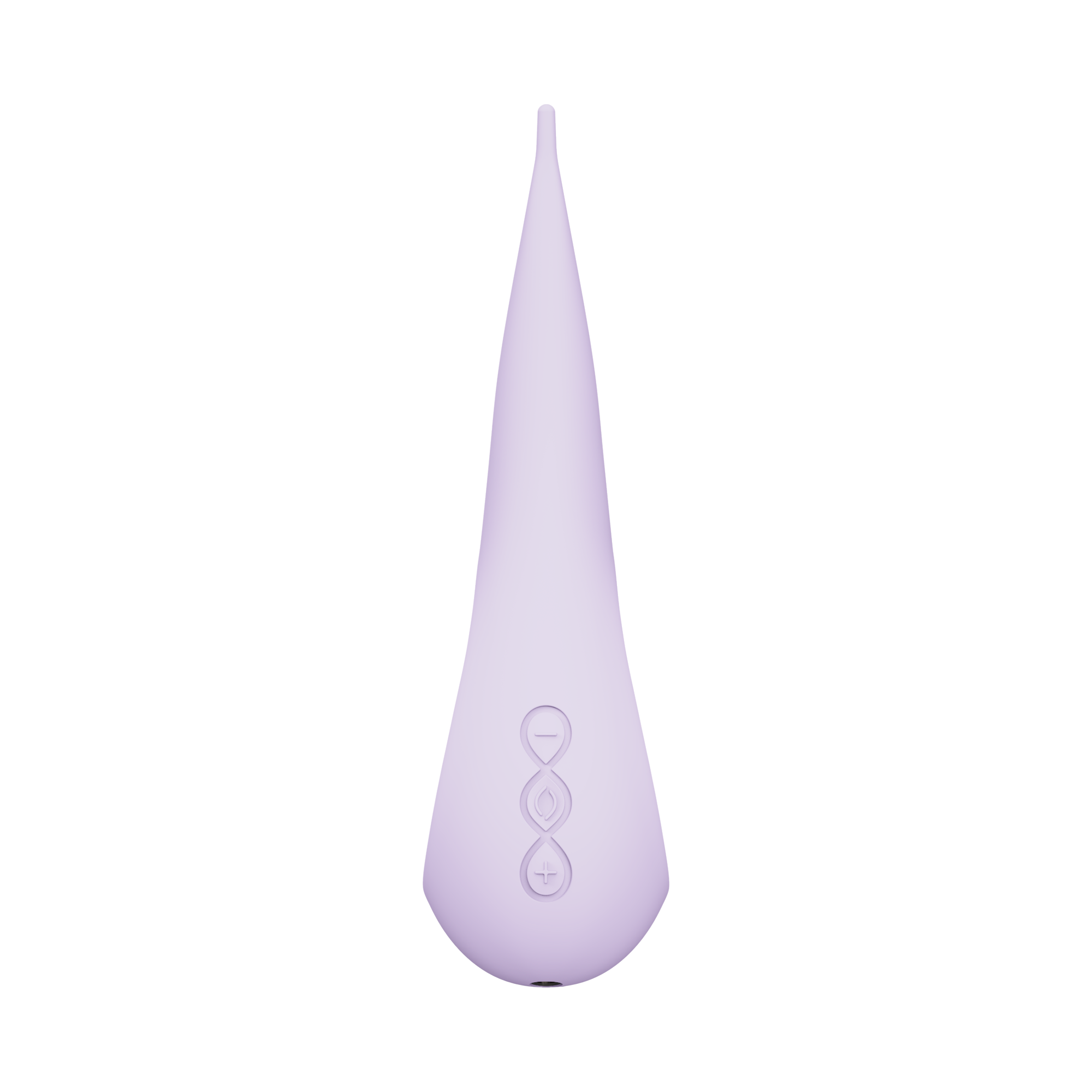 Lilac elliptical clitoral stimulator with silicone tip and control buttons.