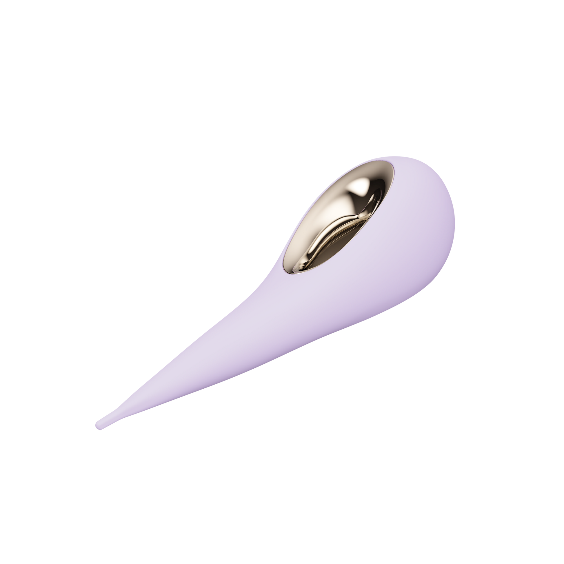 Lilac elliptical clitoral stimulator with a gold-toned interior and silicone tip.
