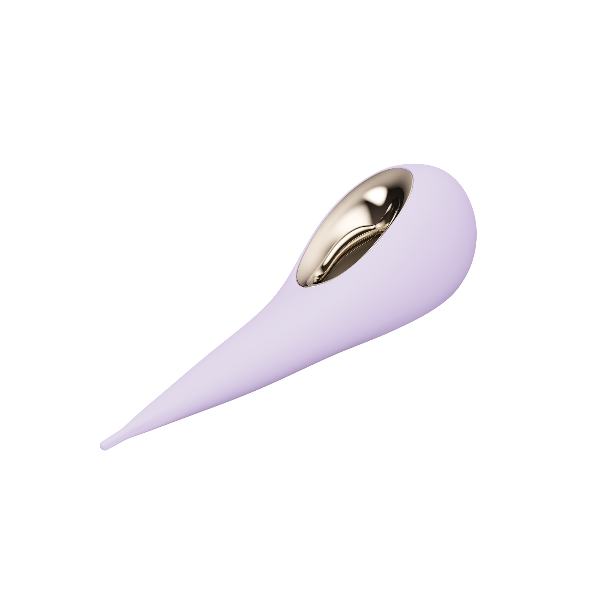 Lilac elliptical clitoral stimulator with a gold-toned interior and silicone tip.