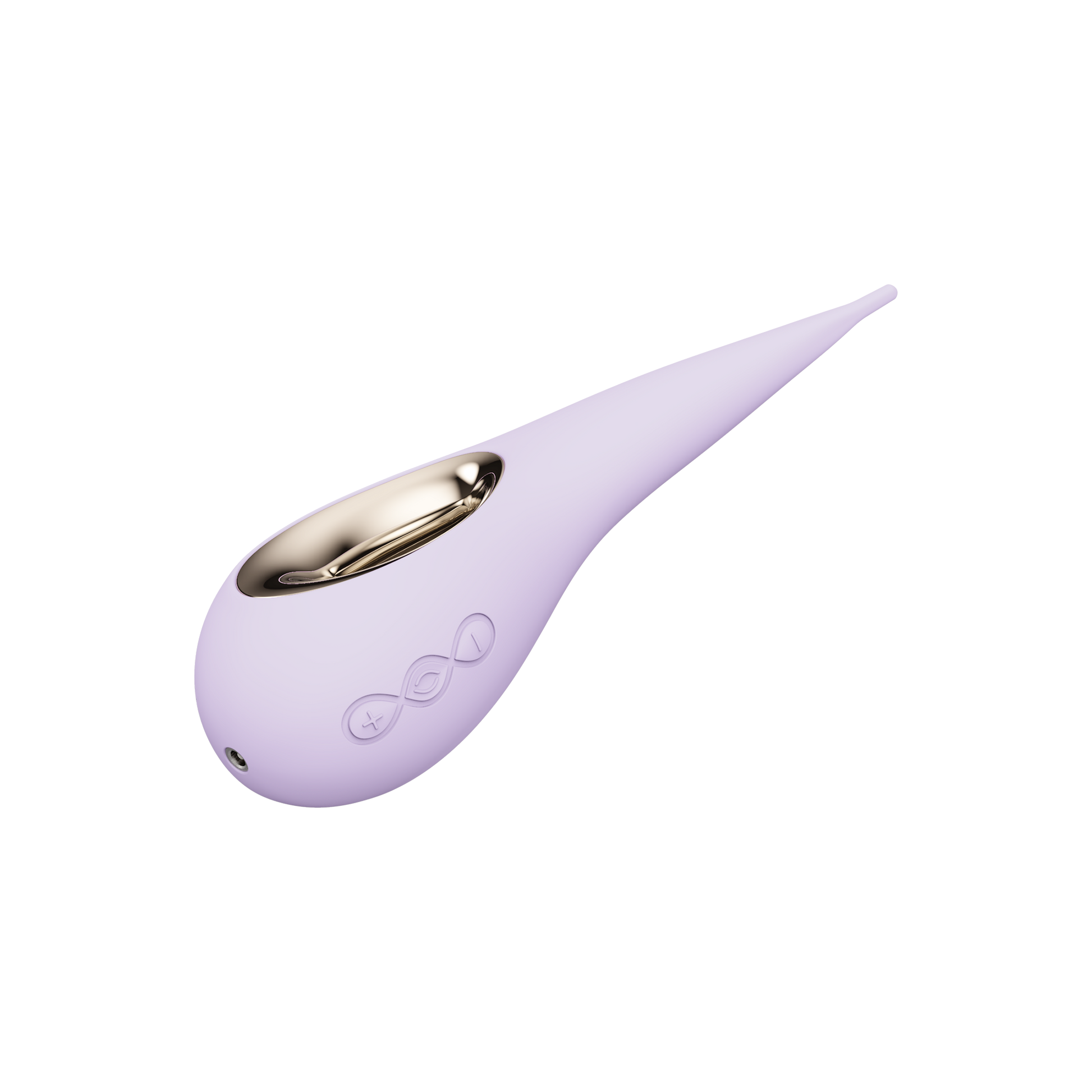 Lilac elliptical clitoral stimulator with a gold accent and silicone tip.