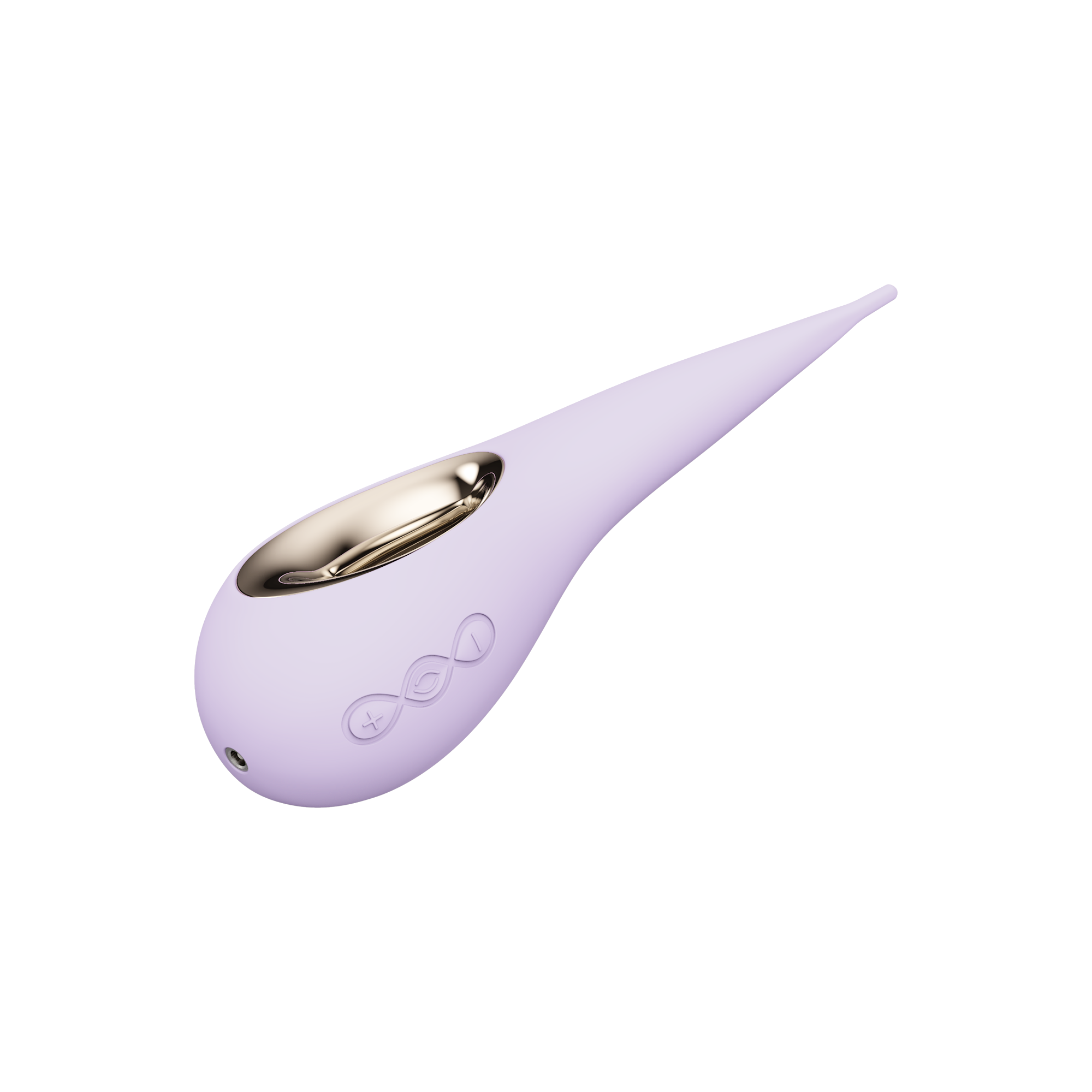 Lilac elliptical clitoral stimulator with a gold accent and silicone tip.