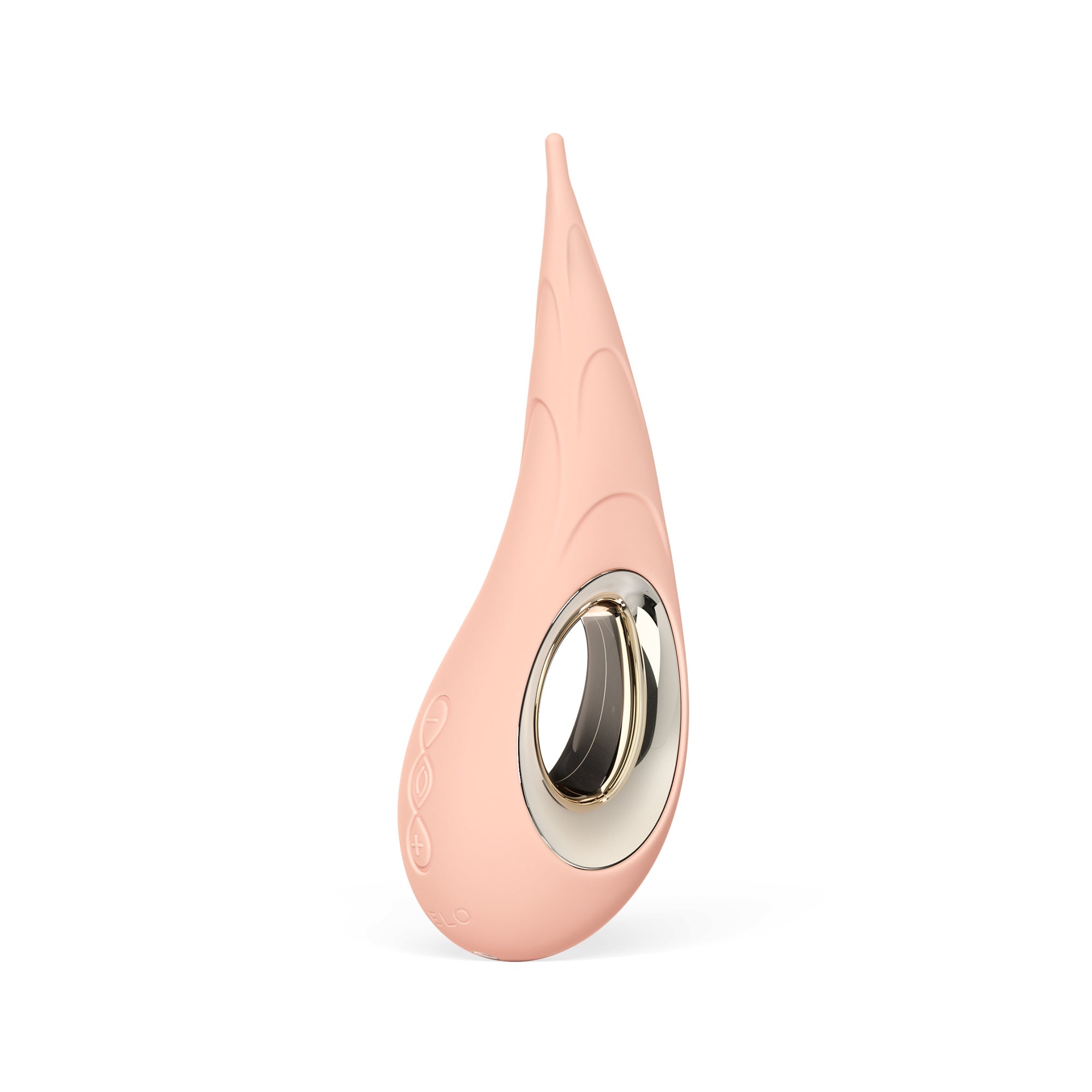 A pink clitoral vibrator with a silver ring and embossed patterns.