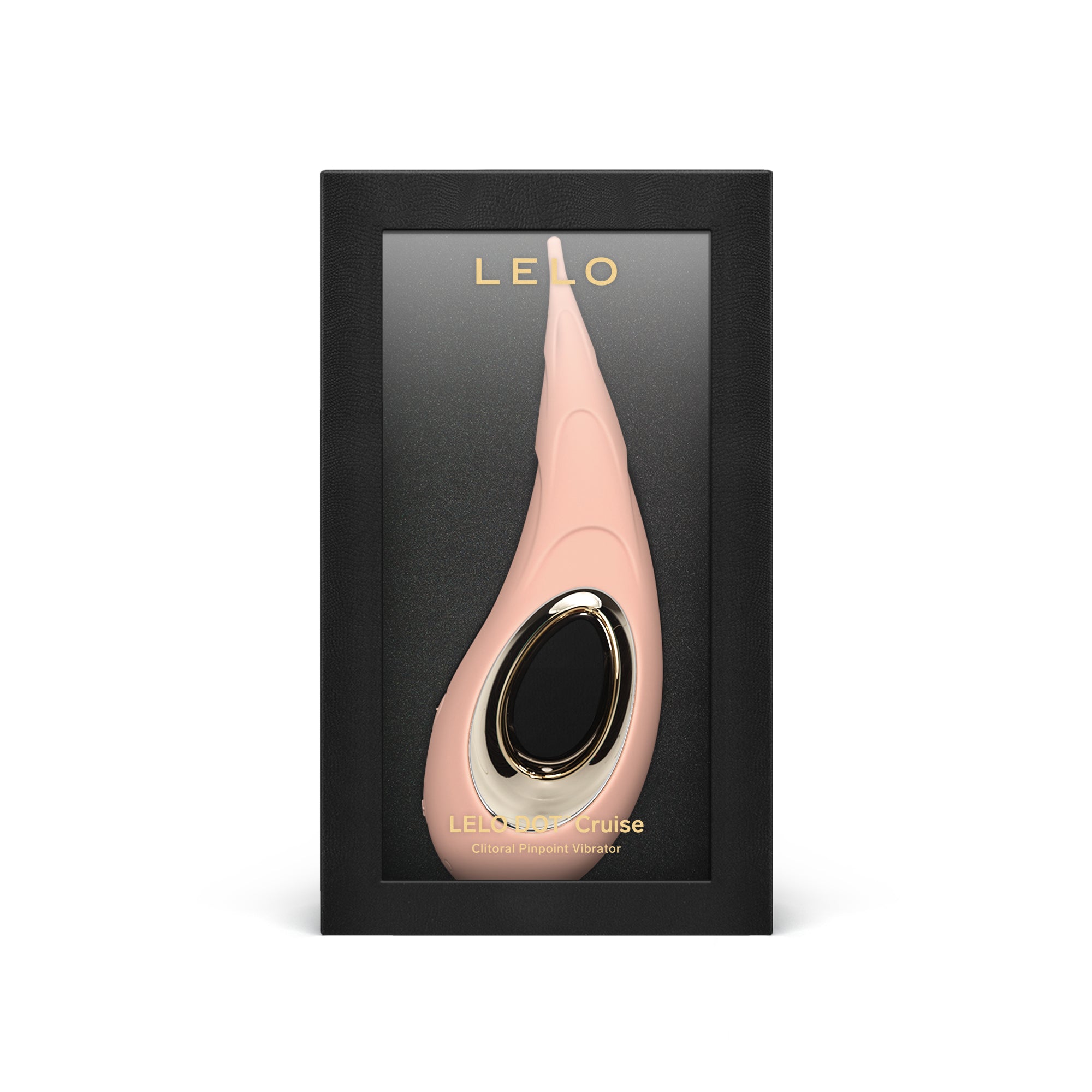 A pink Lelo Dot Cruise clitoral vibrator in a black box.