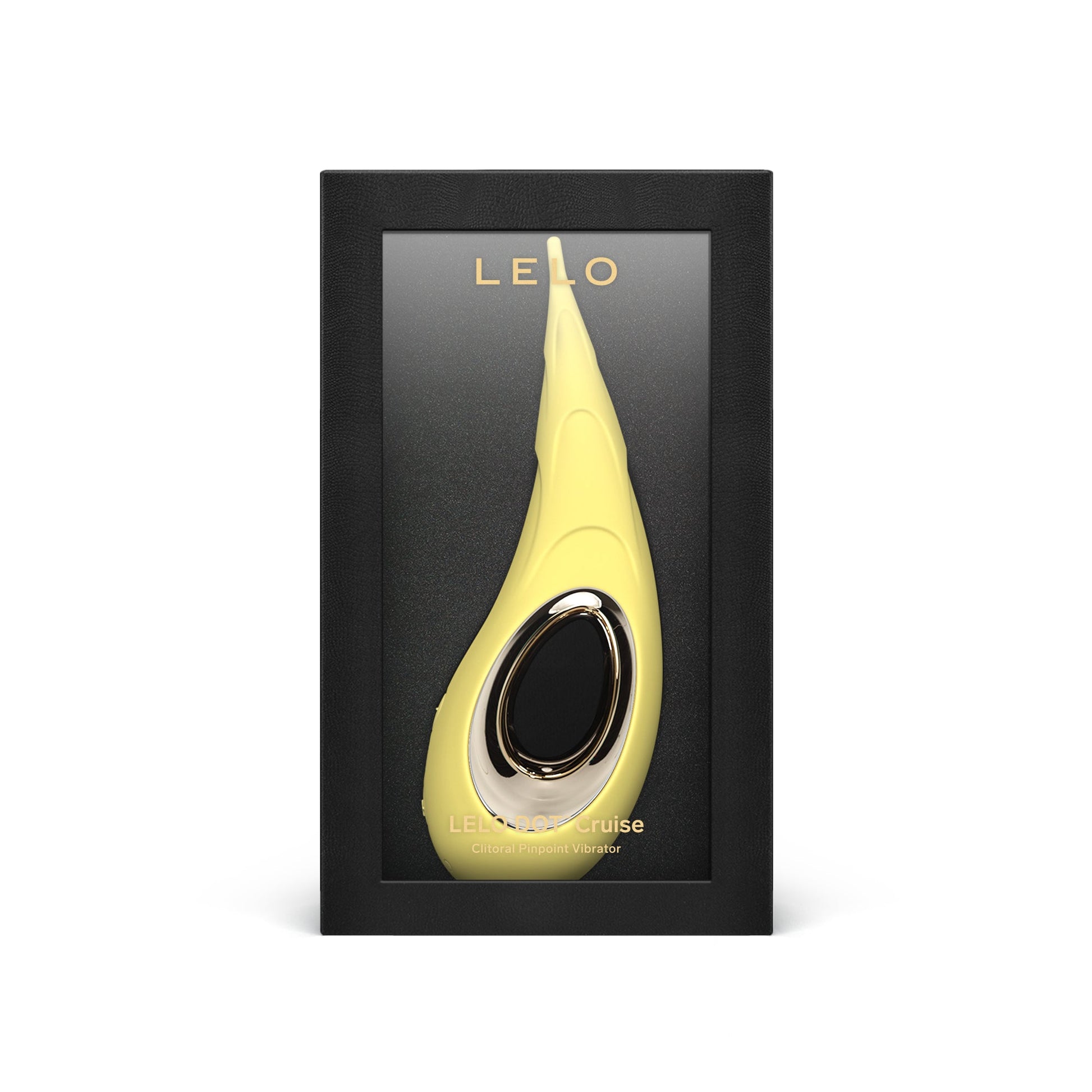 Yellow LELO DOT Cruise clitoral vibrator in a black box.