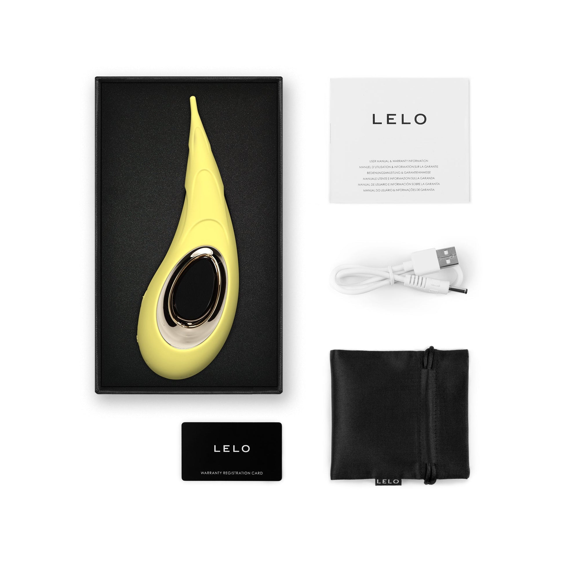 Yellow clitoral vibrator with charging cable, manual, and storage pouch.