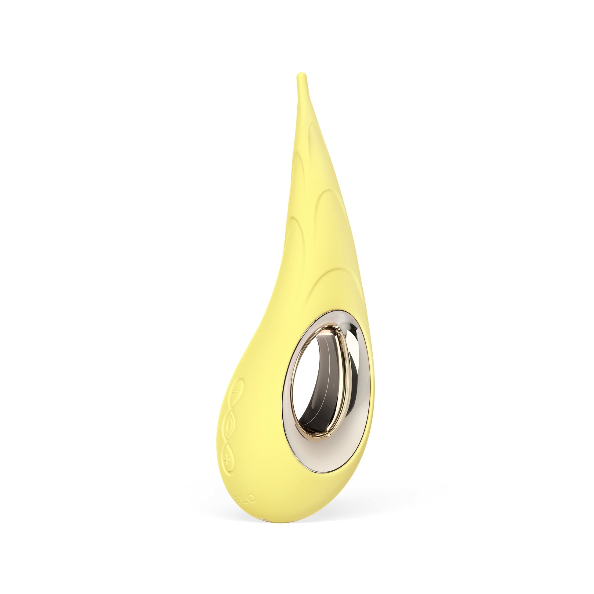 Yellow silicone clitoral vibrator with a silver ring and embossed symbols.
