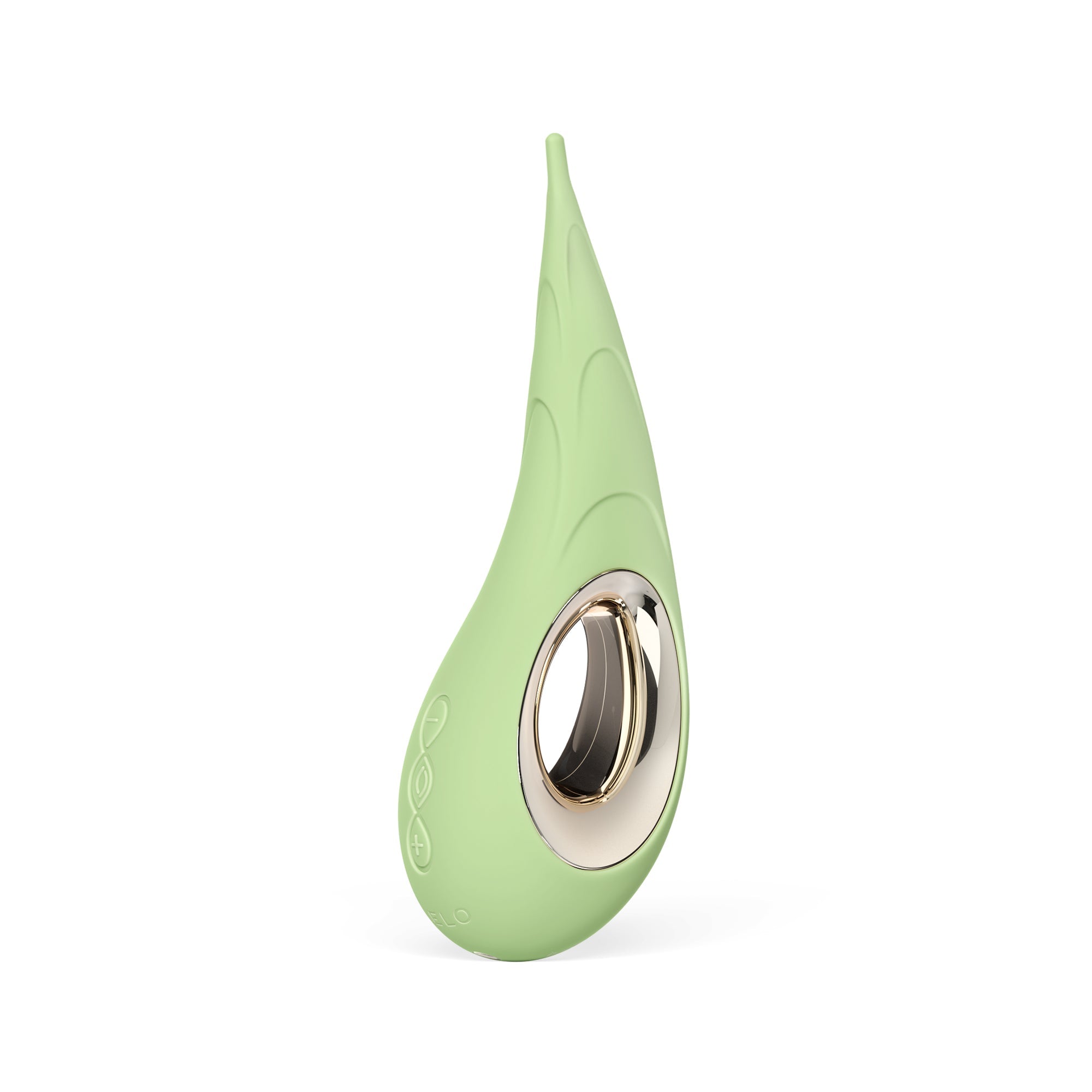 A light green clitoral vibrator with a gold ring and embossed leaf pattern.