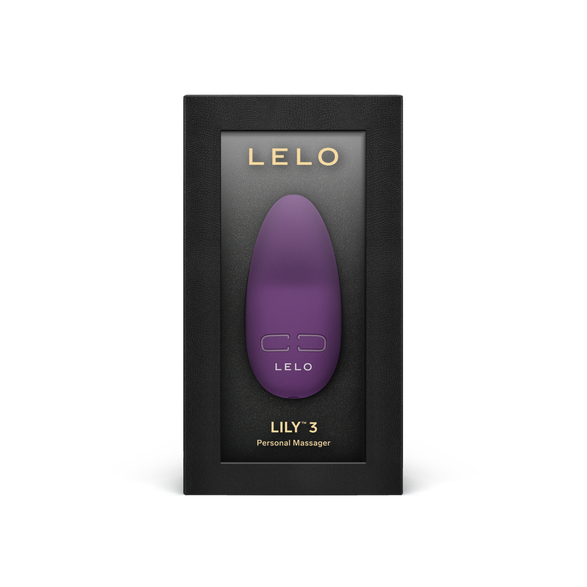 A dark plum Lelo Lily 3 personal massager in its black presentation box.