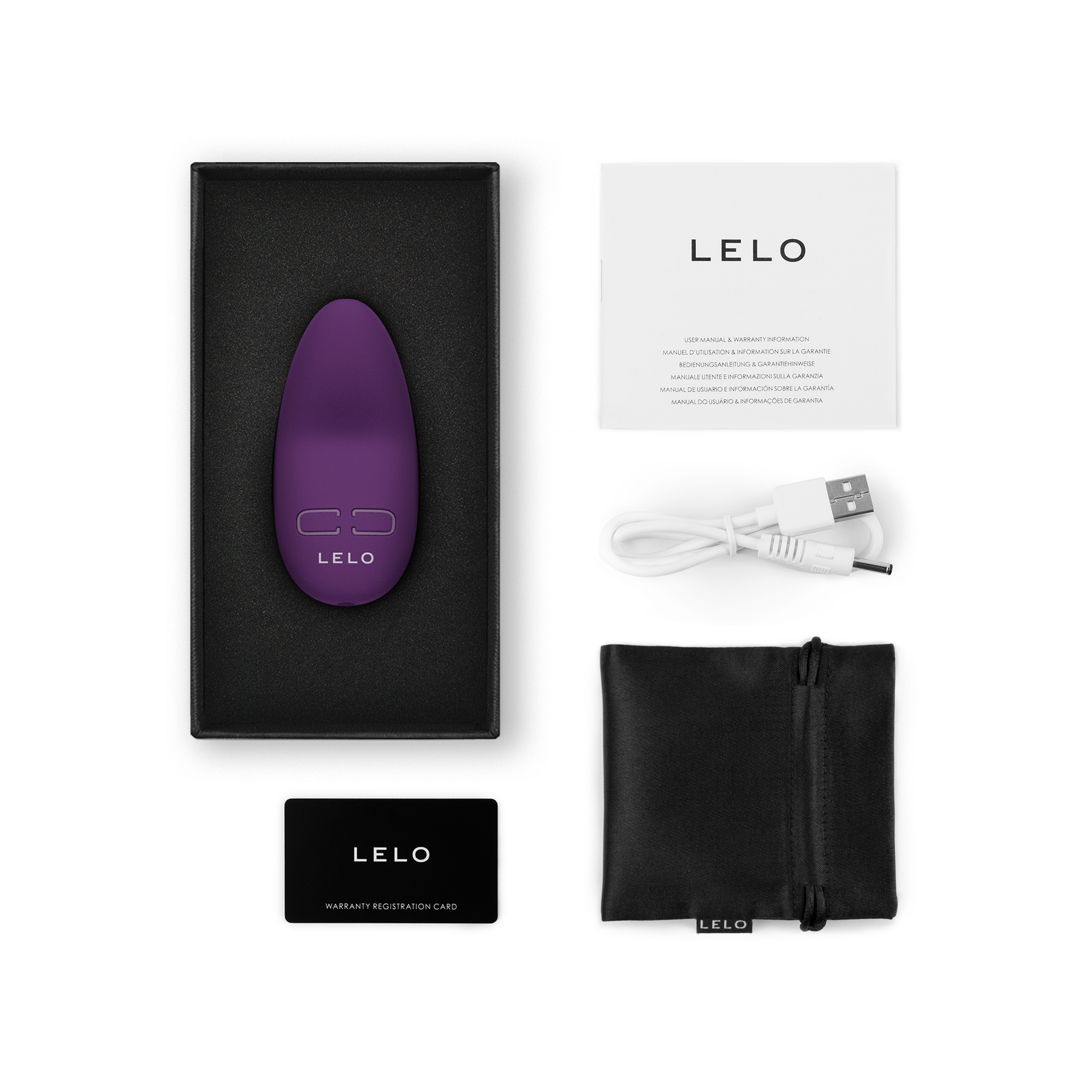 A dark plum Lily 3 personal massager with charging cable, manual, and storage pouch.