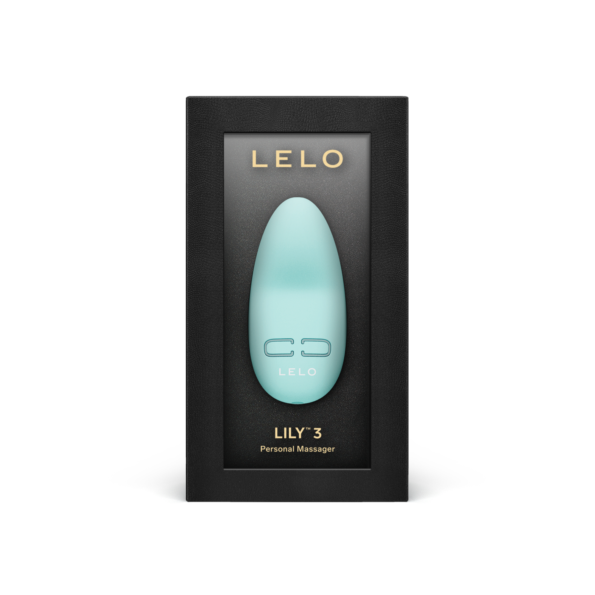 A teal Lelo Lily 3 personal massager in its black packaging.
