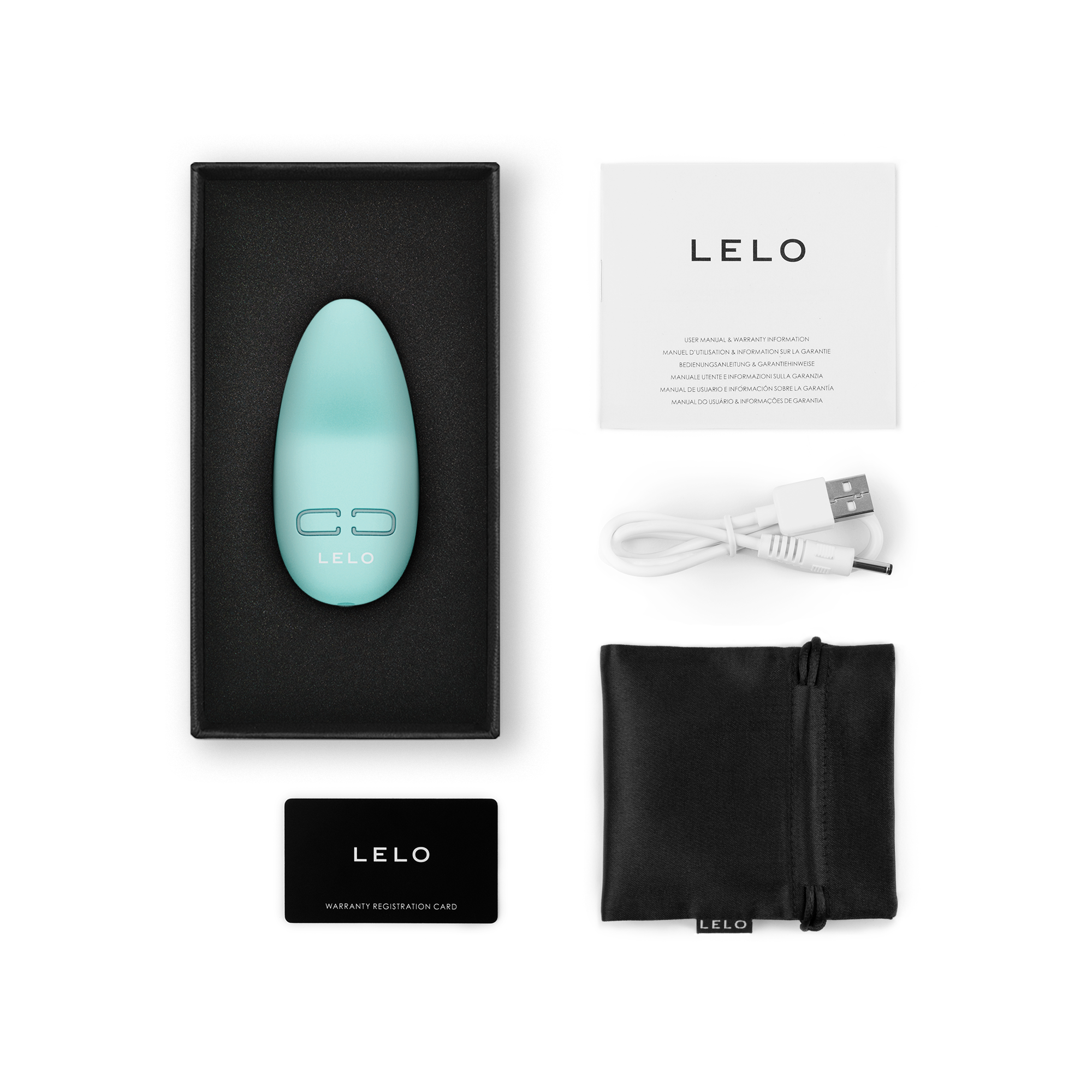 A polar green Lelo Lily 3 personal massager with charging cable, pouch, and manual.