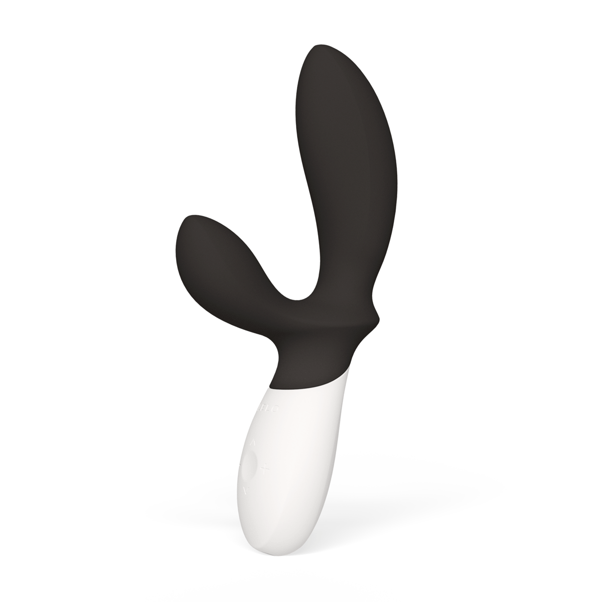 Black and white silicone prostate massager with curved handle and dual motors.