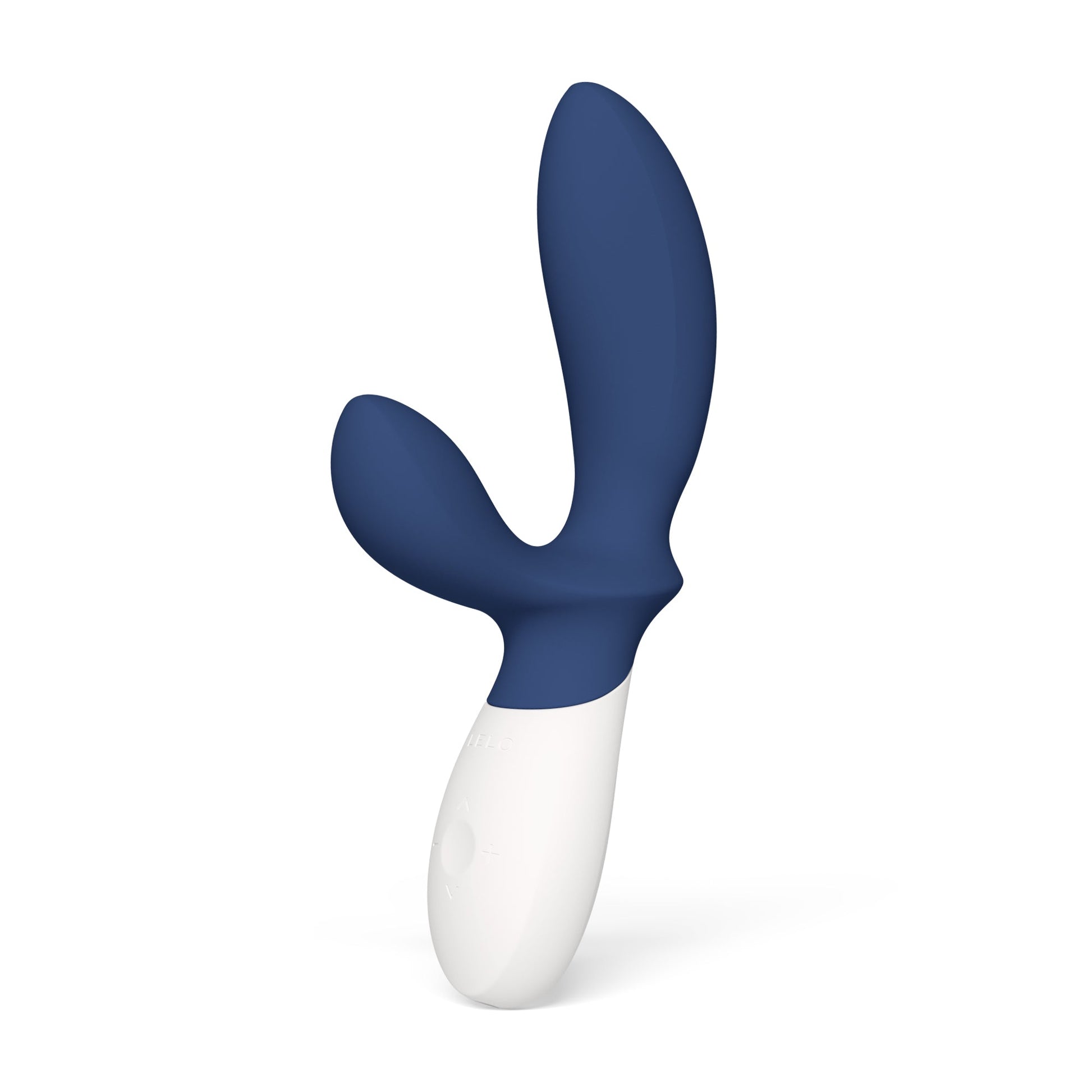 A blue and white silicone prostate massager with a curved, dual-pronged top.
