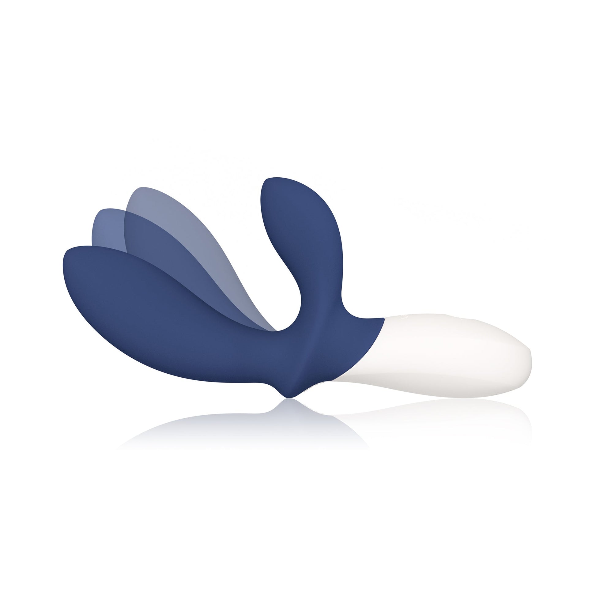 Blue silicone prostate massager with a white tip and a flexible handle.