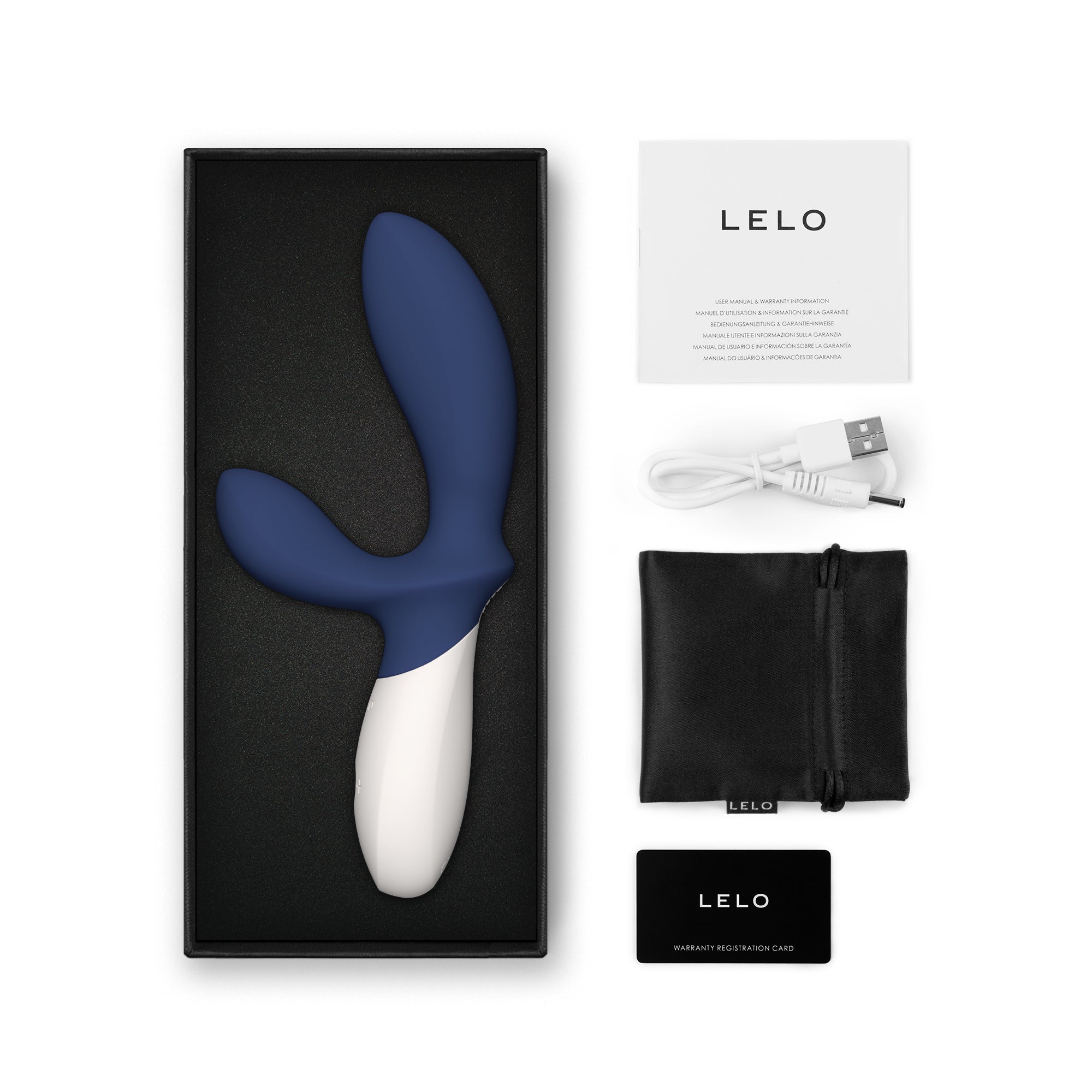 LELO Loki Wave 2 prostate massager in blue and white, with charging cable, manual, and storage pouch.