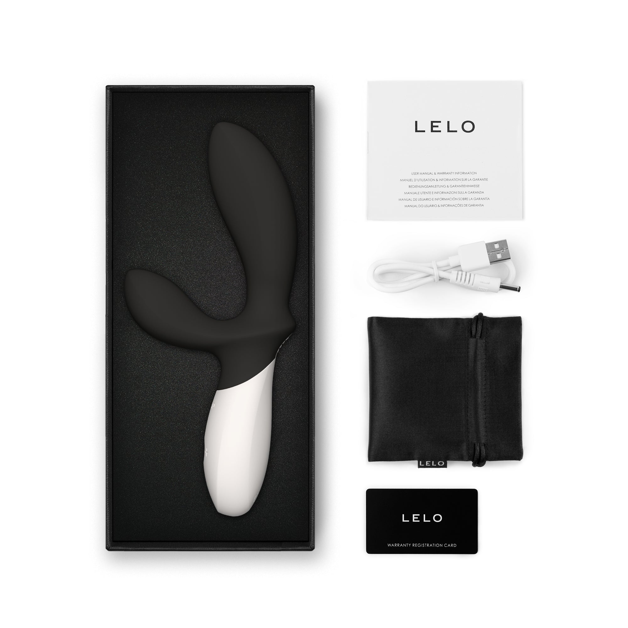 Lelo Loki Wave 2 prostate massager in black and white with charging cable and manual.