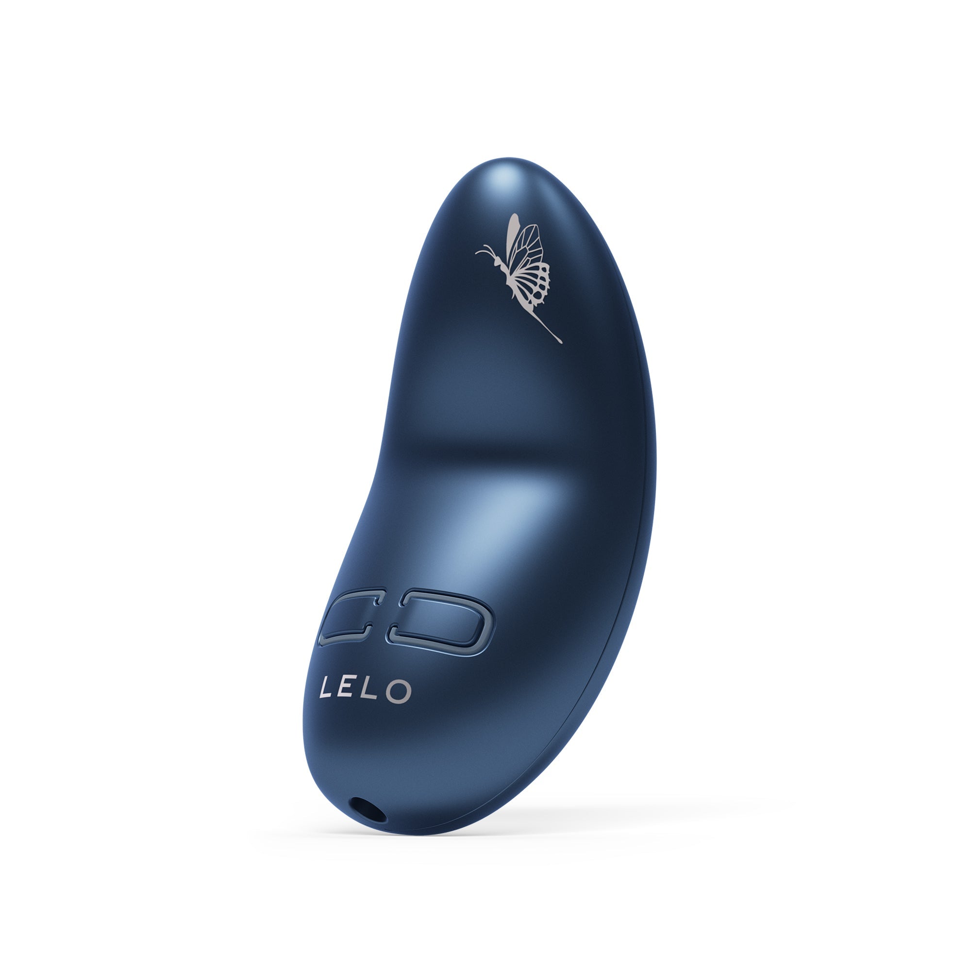 A blue Lelo personal massager with a butterfly design and two buttons.