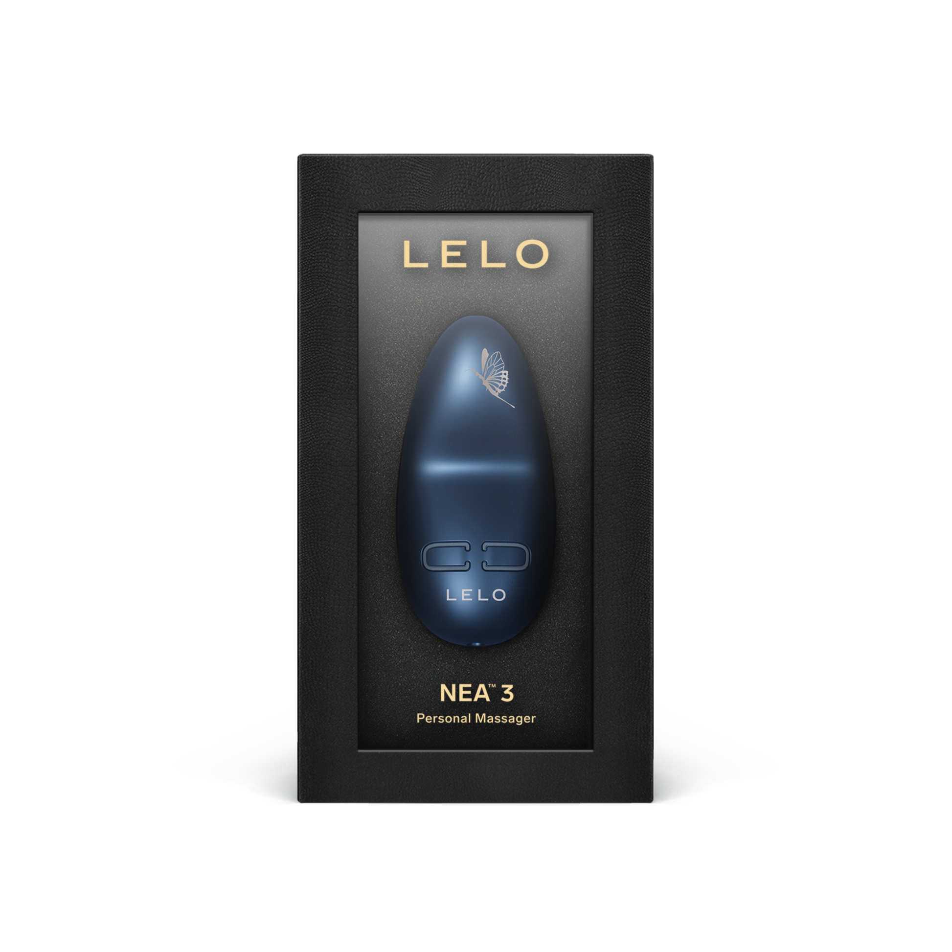 A blue LELO NEA 3 personal massager in a black box.