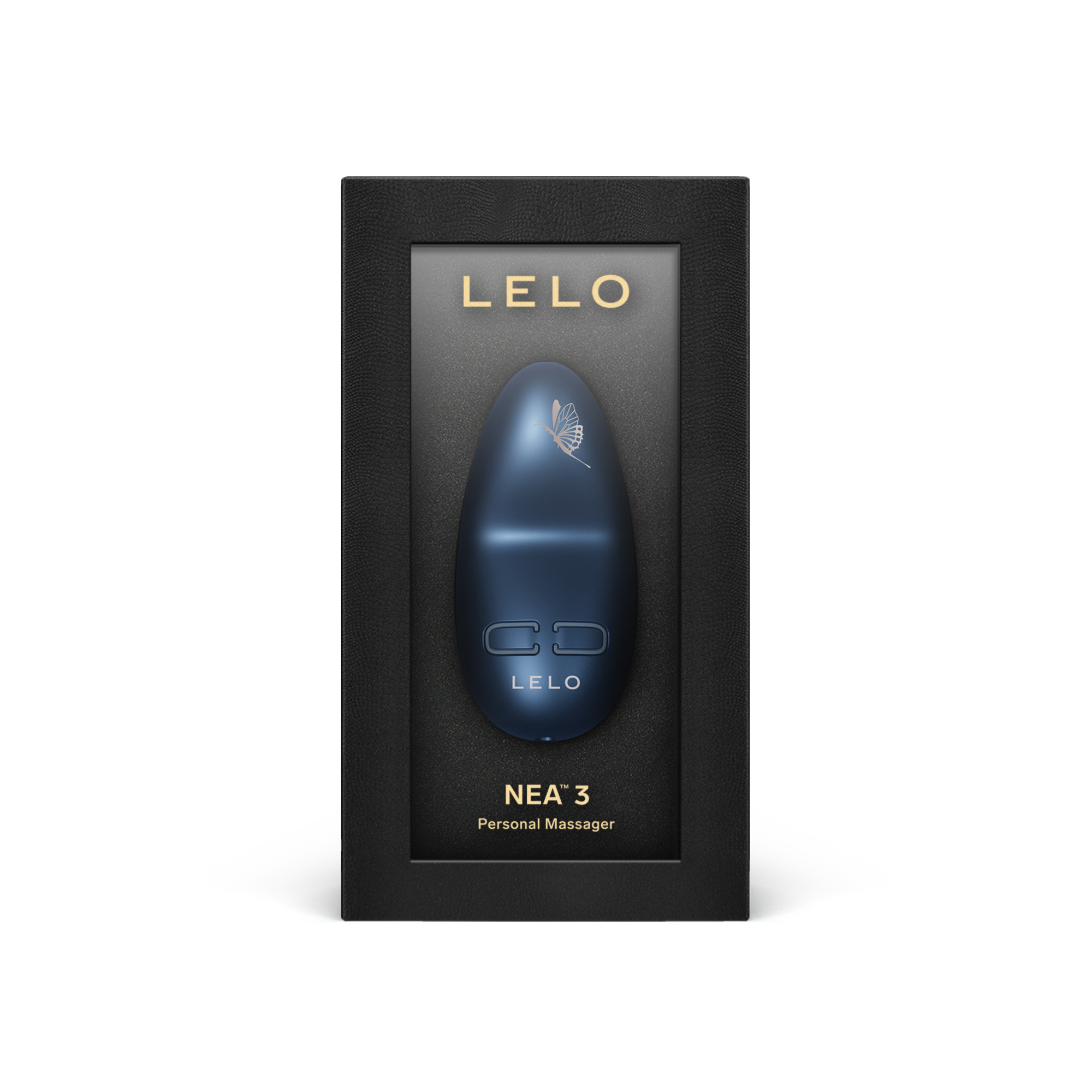 A blue LELO NEA 3 personal massager in a black box.