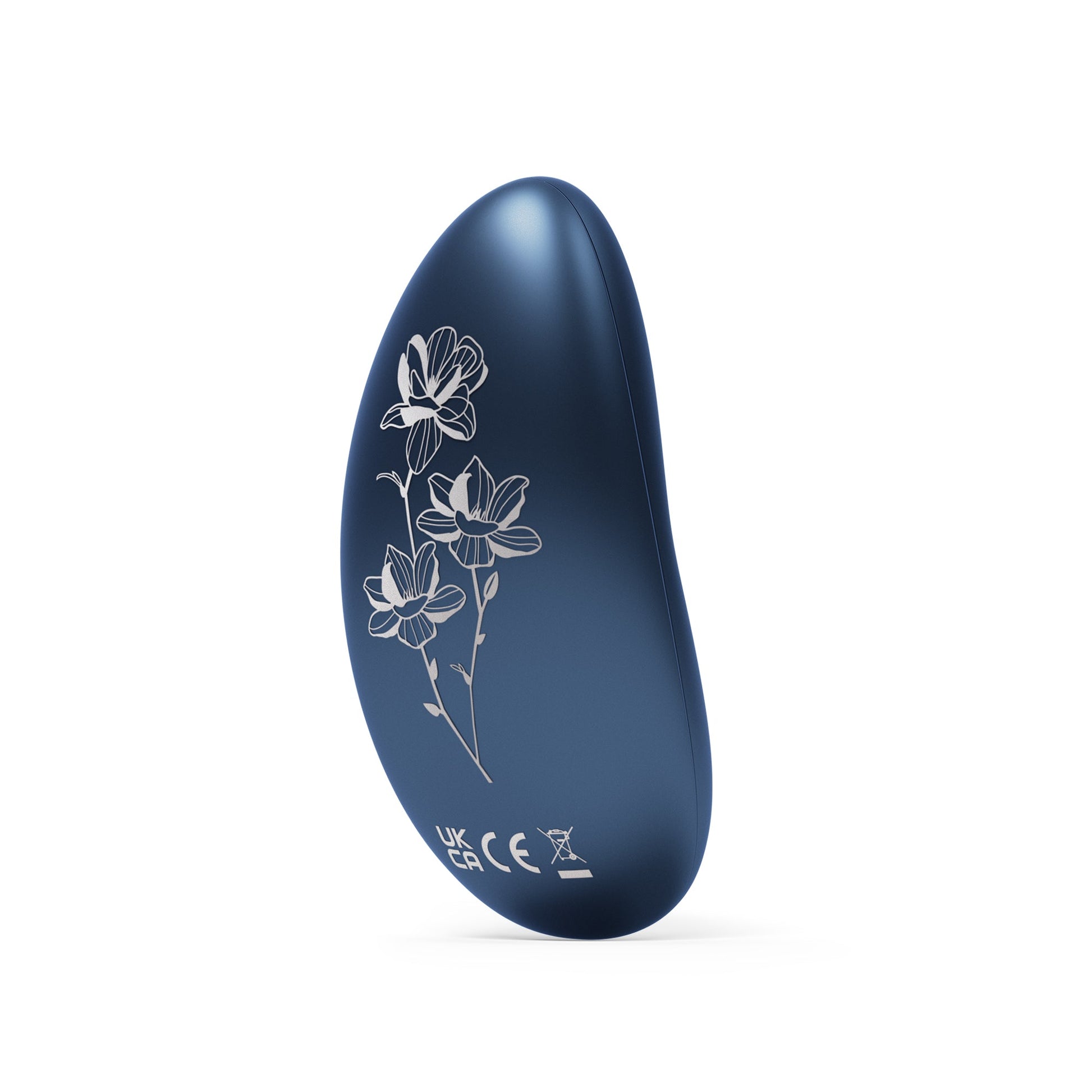 Alien blue LELO NEA 3 massager with floral design and UK CA CE markings.