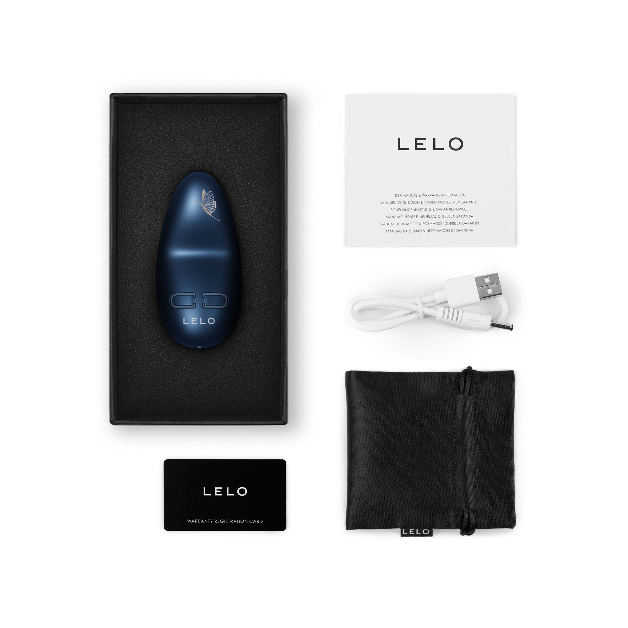Alien blue LELO NEA 3 massager with charging cable, manual, and storage pouch.