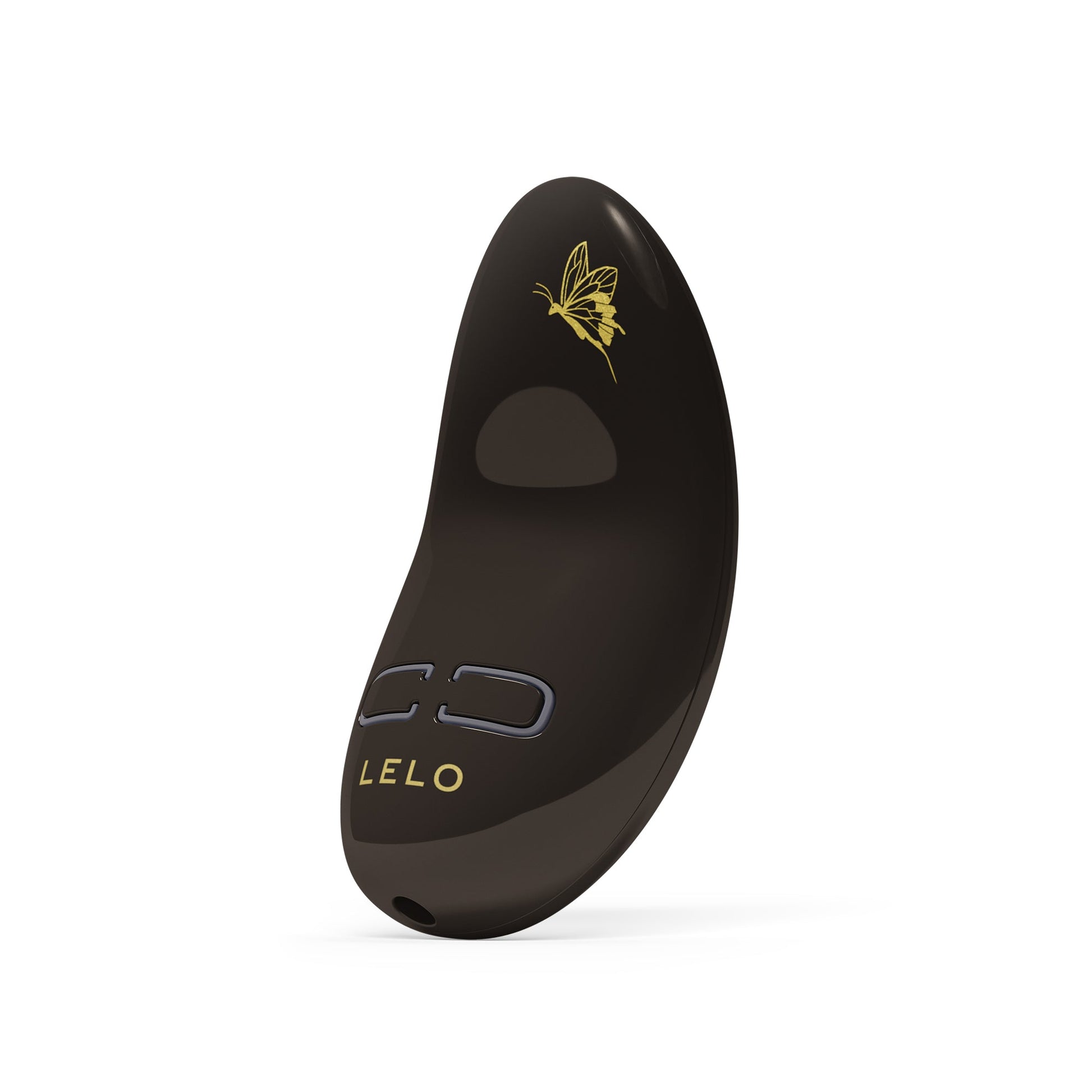 A black Lelo personal massager with a gold butterfly design and two control buttons.