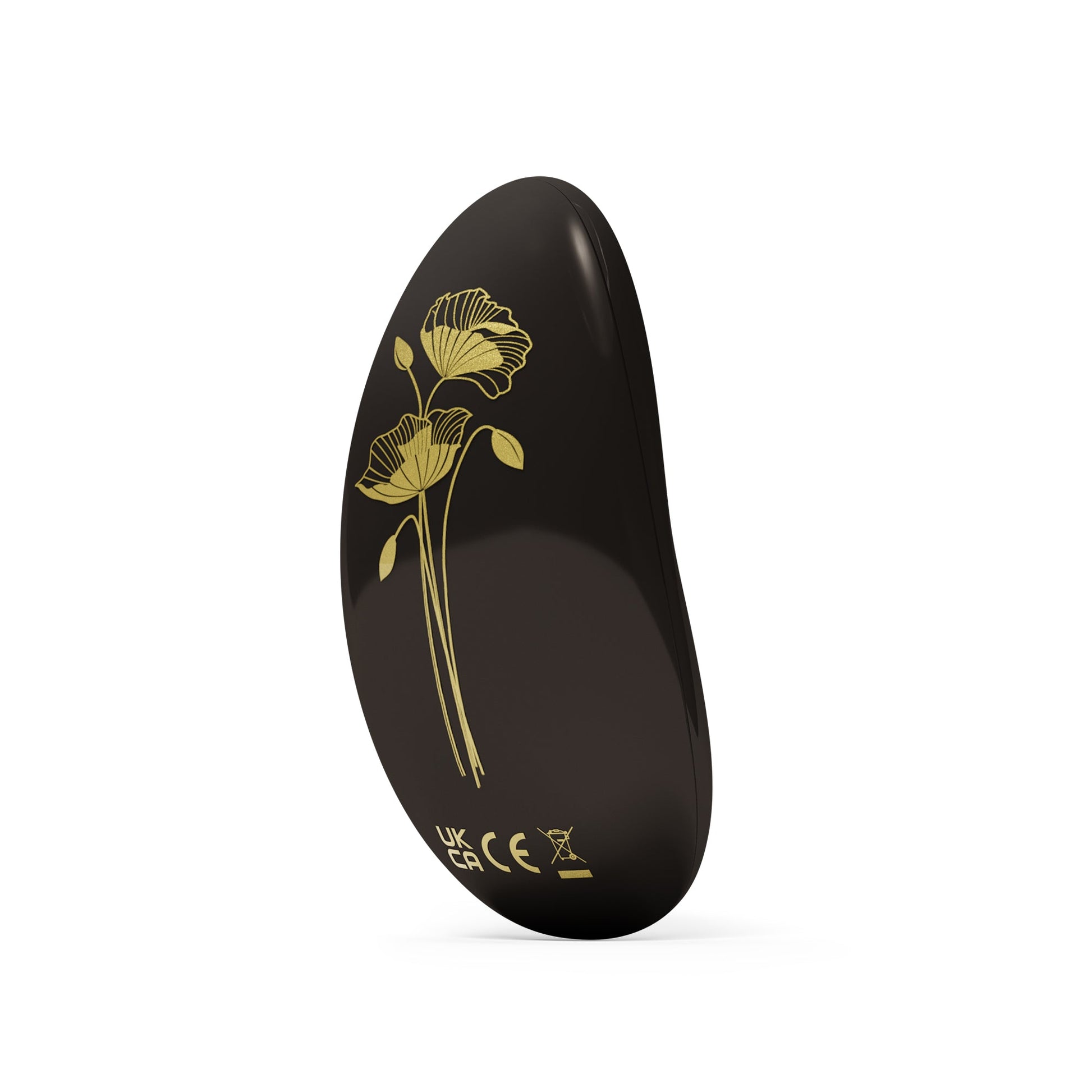 Black Lelo NEA 3 personal massager with gold floral design and UK CA CE markings.