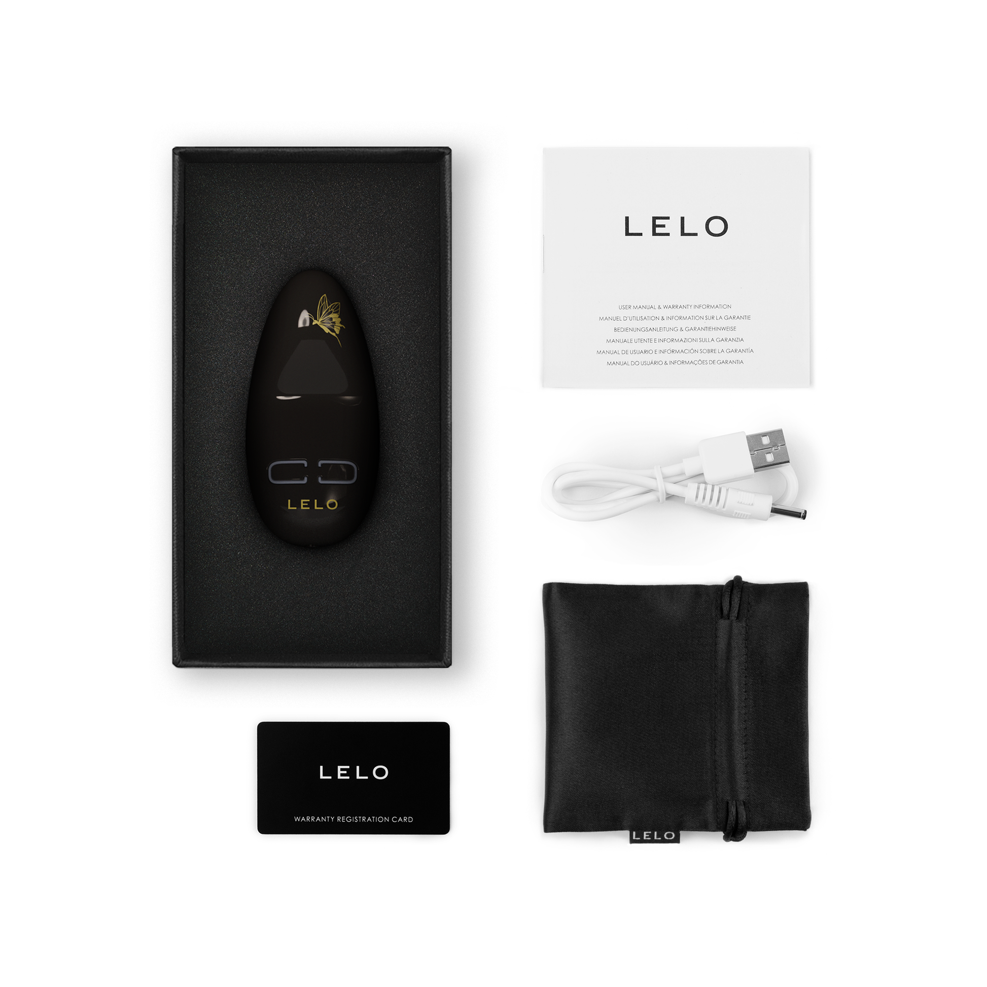Lelo NEA 3 personal massager in pitch black, with charging cable, pouch, manual, and warranty card.