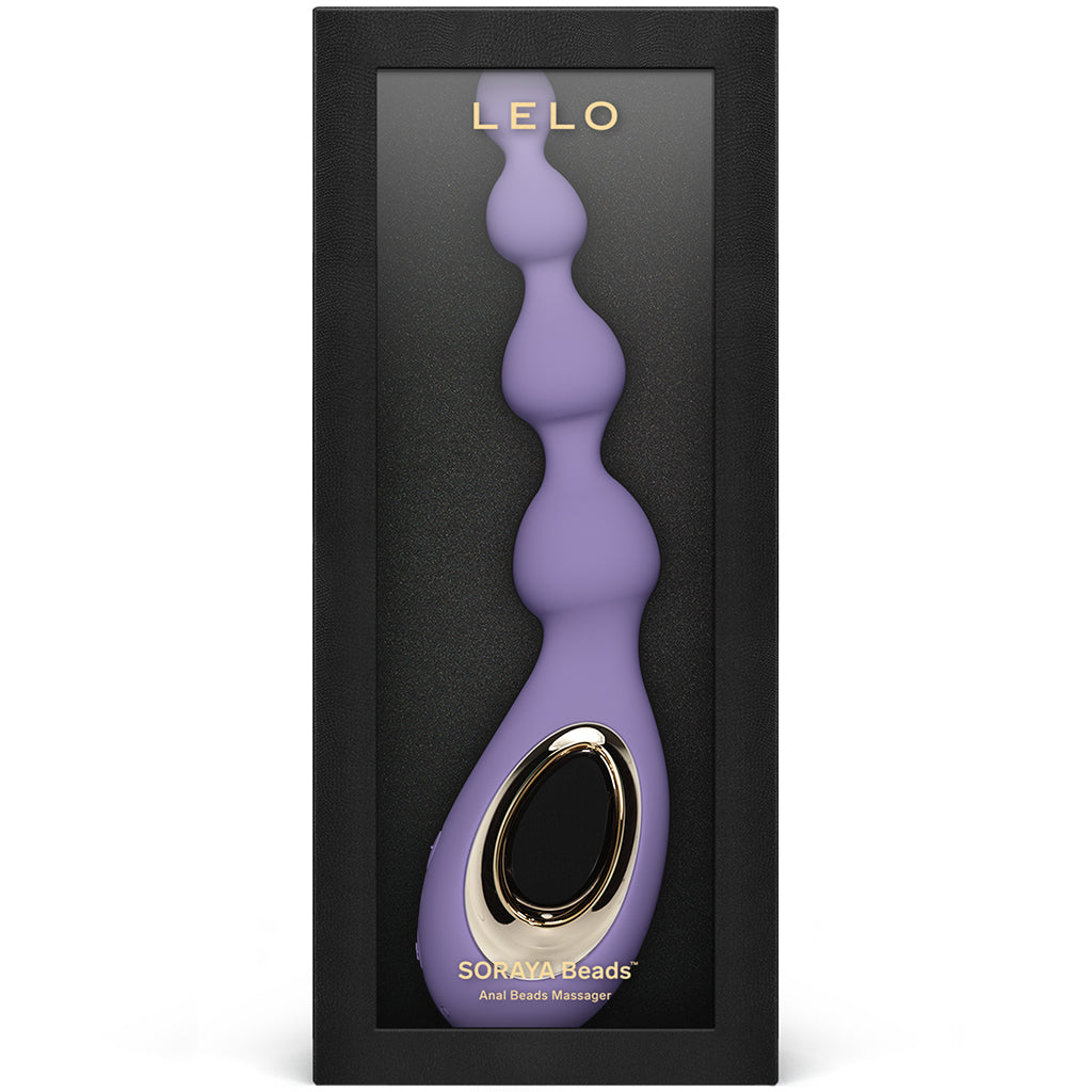 A violet Lelo Soraya Beads anal massager with a gold accent in a black box.