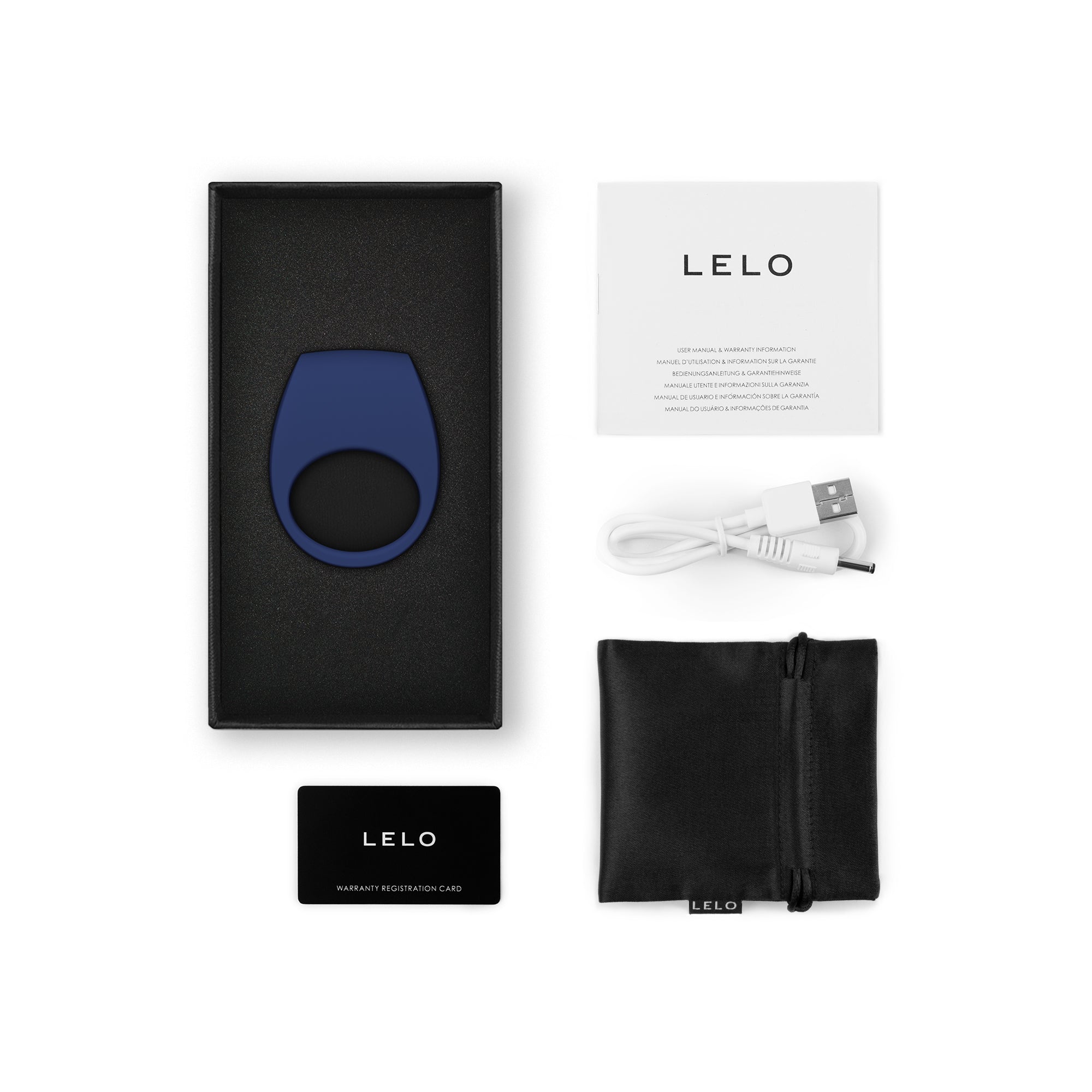 A blue vibrating cock ring in a black box with a charging cable and manual.