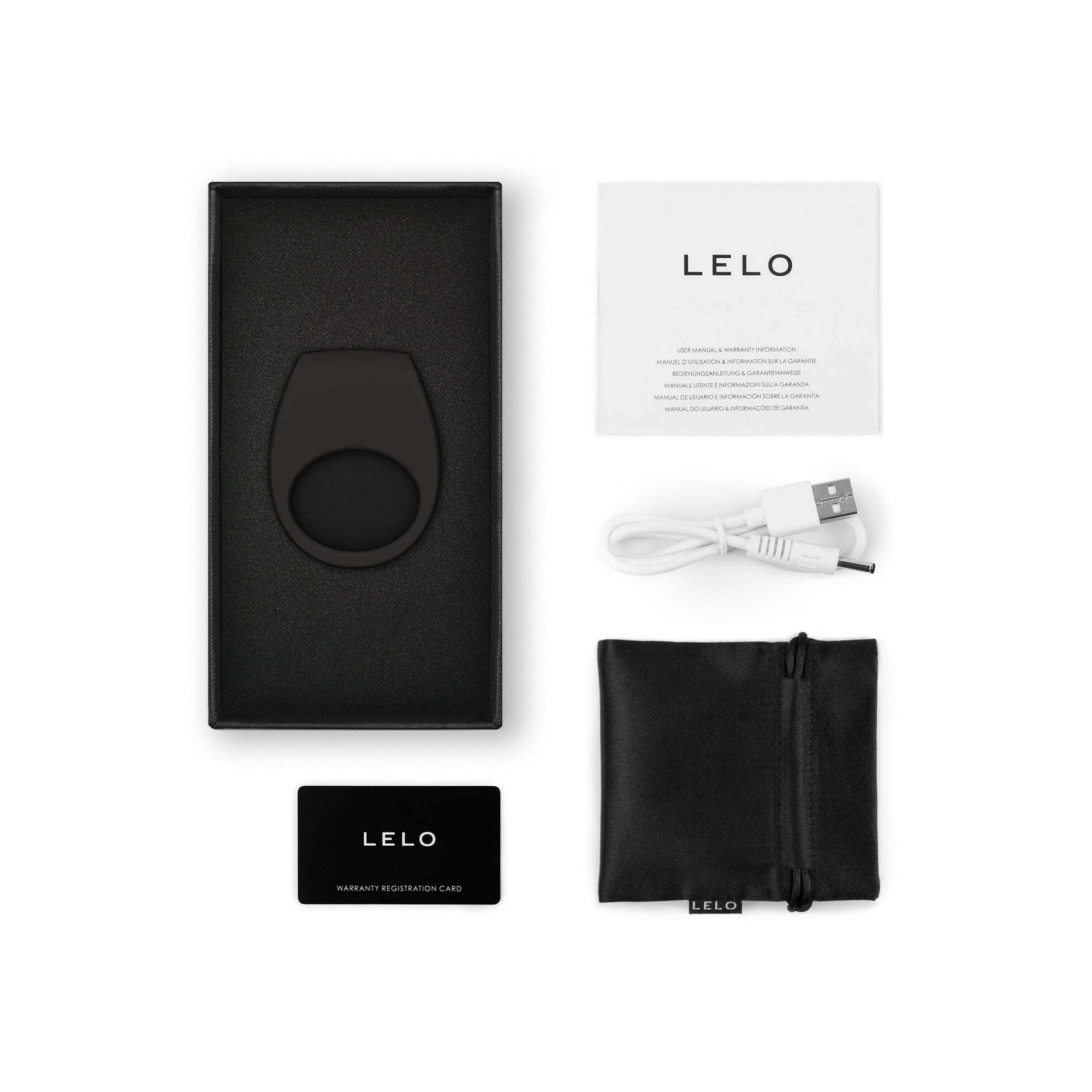 LELO TOR 3 vibrating cock ring with charging cable, pouch, and warranty card.