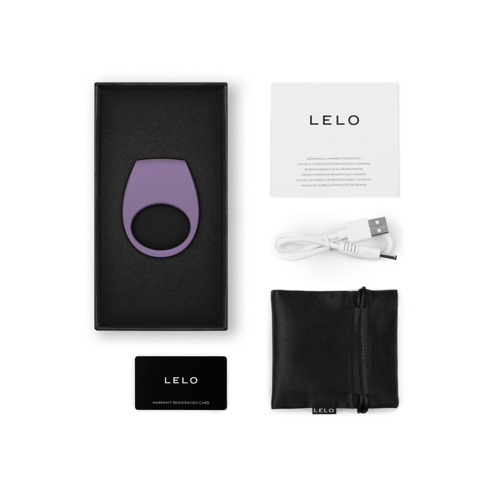 LELO TOR 3 vibrating cock ring in violet dust, with charging cable, pouch, and manual.