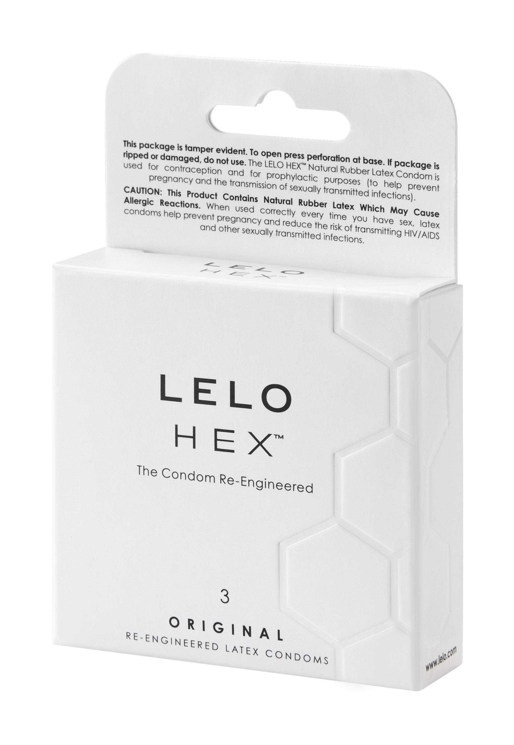 LELO HEX condoms in a 3-pack box with hexagonal pattern.