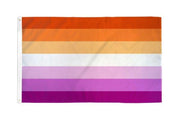 A lesbian sunset pride flag with seven horizontal stripes in shades of orange, yellow, white, pink, and purple.