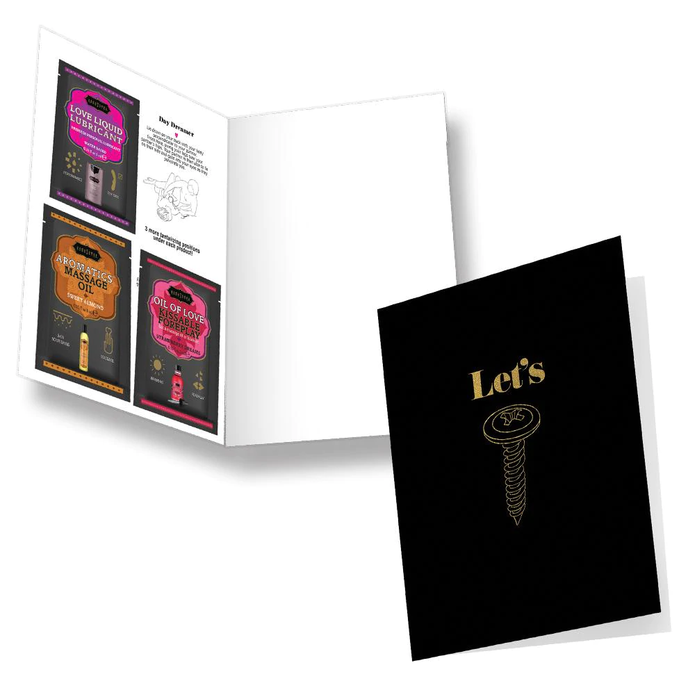 A romance kit with lube, massage oil, and Kama Sutra cards.