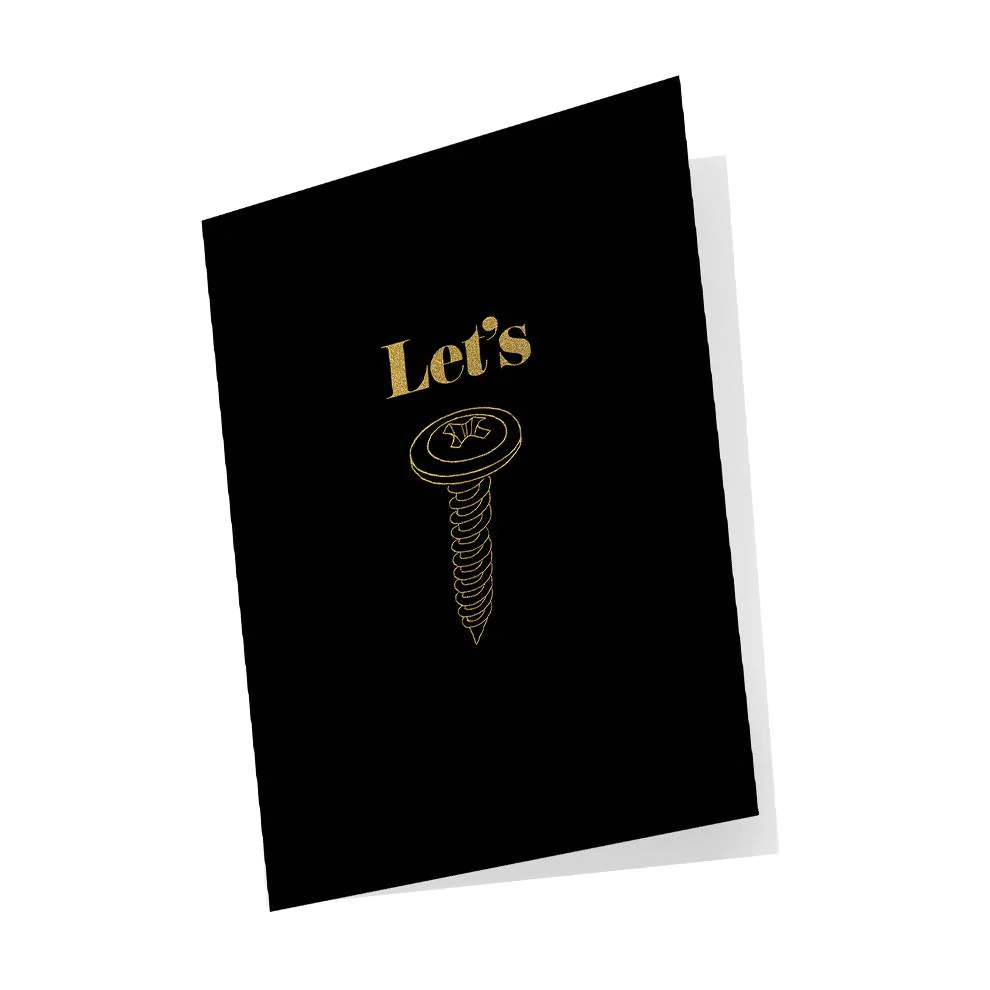 Black card with gold text "Let's" and a gold screw illustration.